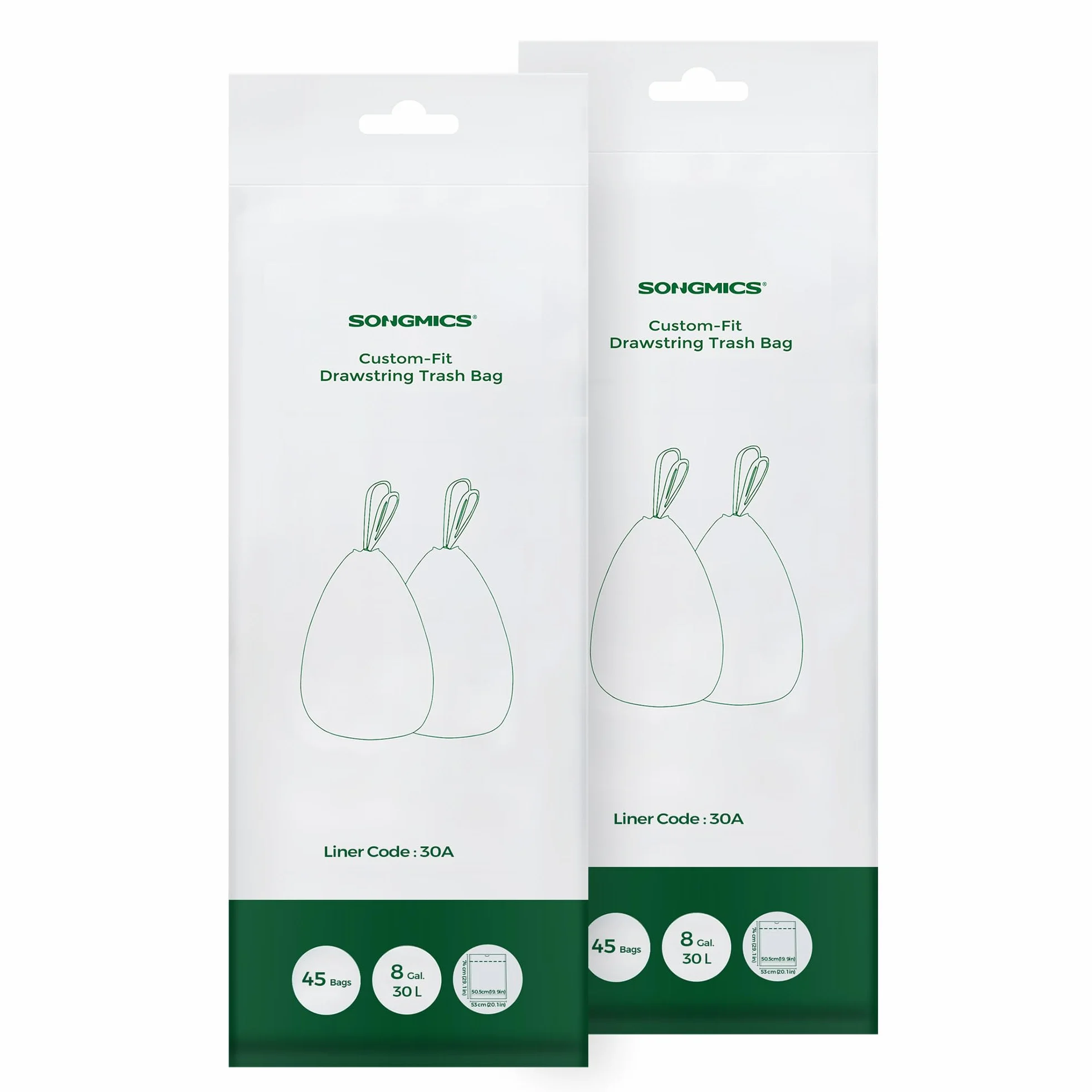 SONGMICS Sacs Poubelle à Cordon, Sacs Poubelle 30L, Code 30A, sur Mesure, 2 Rouleaux, 90 Pièces, Blanc KRB30A02