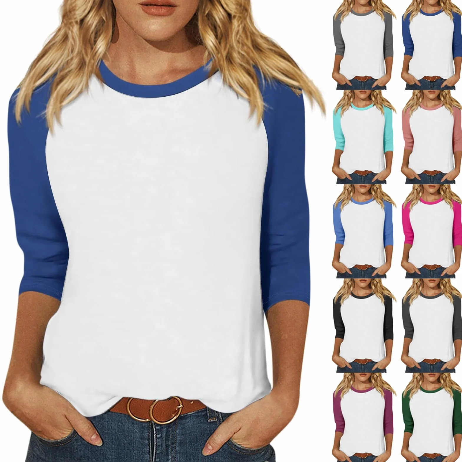T-shirt femme manches 3/4 col rond bloc de couleurs léger sport décontracté été