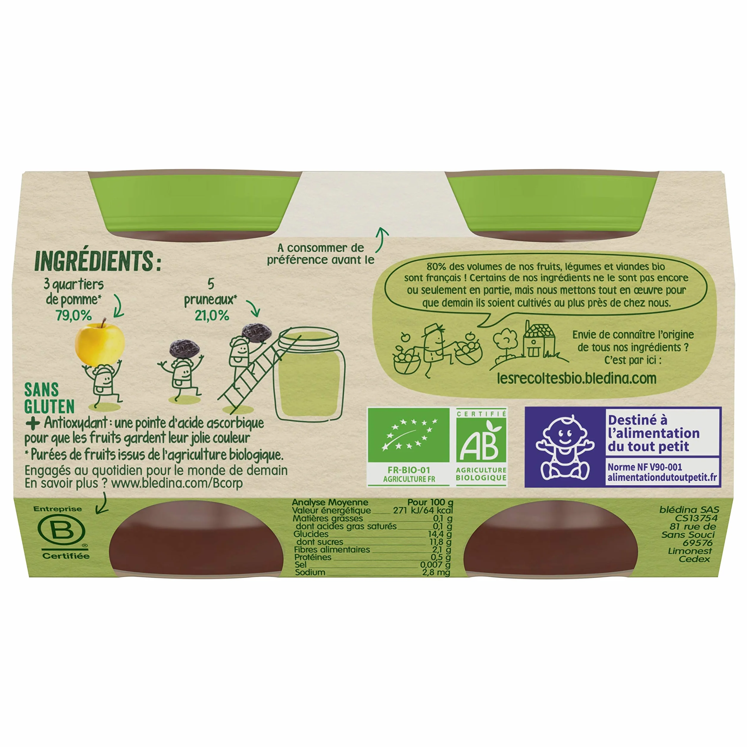 Blédina Les Récoltes Bio, Petits pots bébé Bio dès 4/6 Mois, Pommes Pruneaux, 2x130g (Packx12)