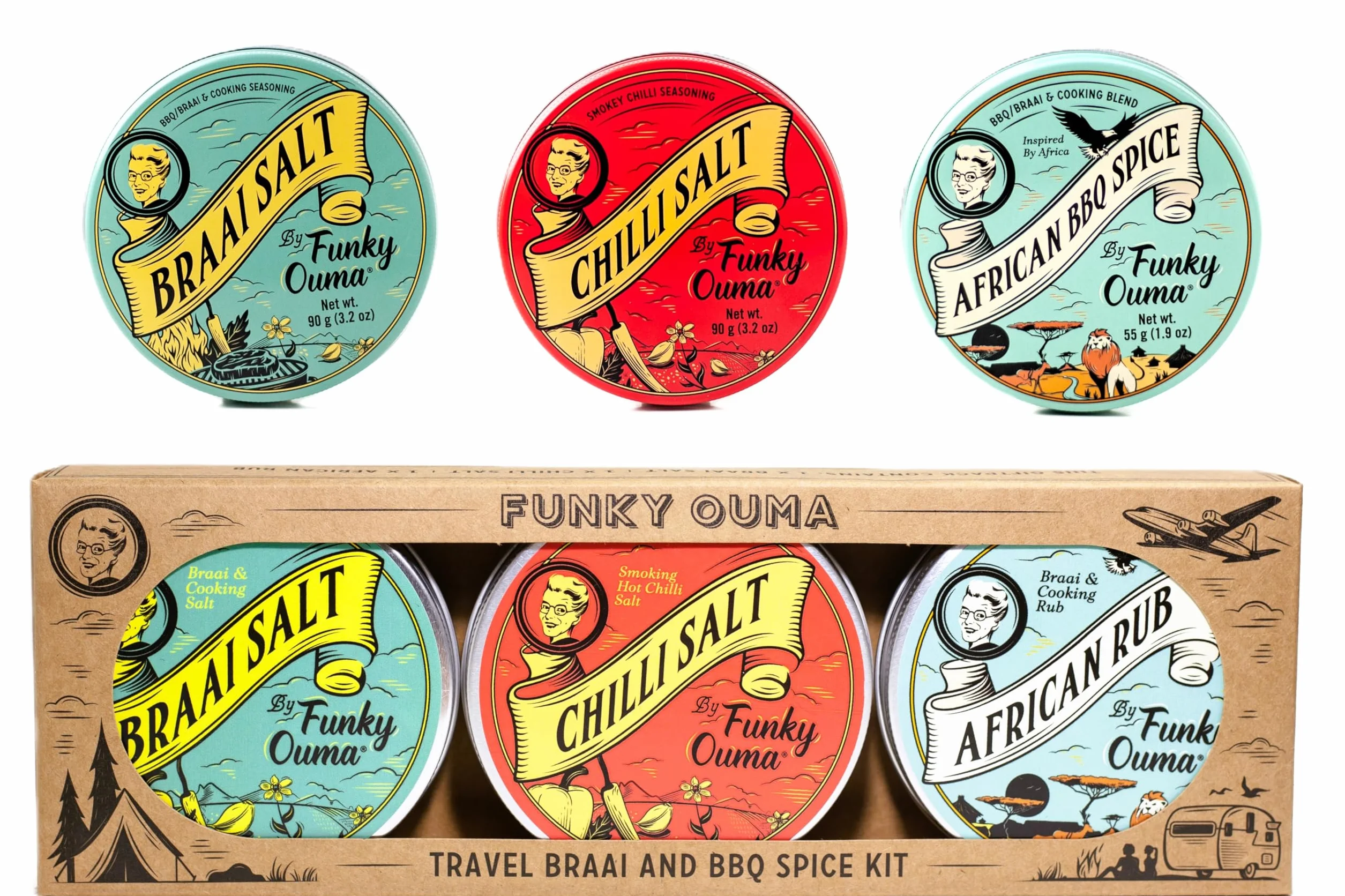 Funky Ouma Coffret cadeau 235g - 3 différents aliments sud-africains entièrement naturels herbes, épices mélangées, BBQ Rubs & Sel aromatisé - Ustensiles de cuisine, épices steak