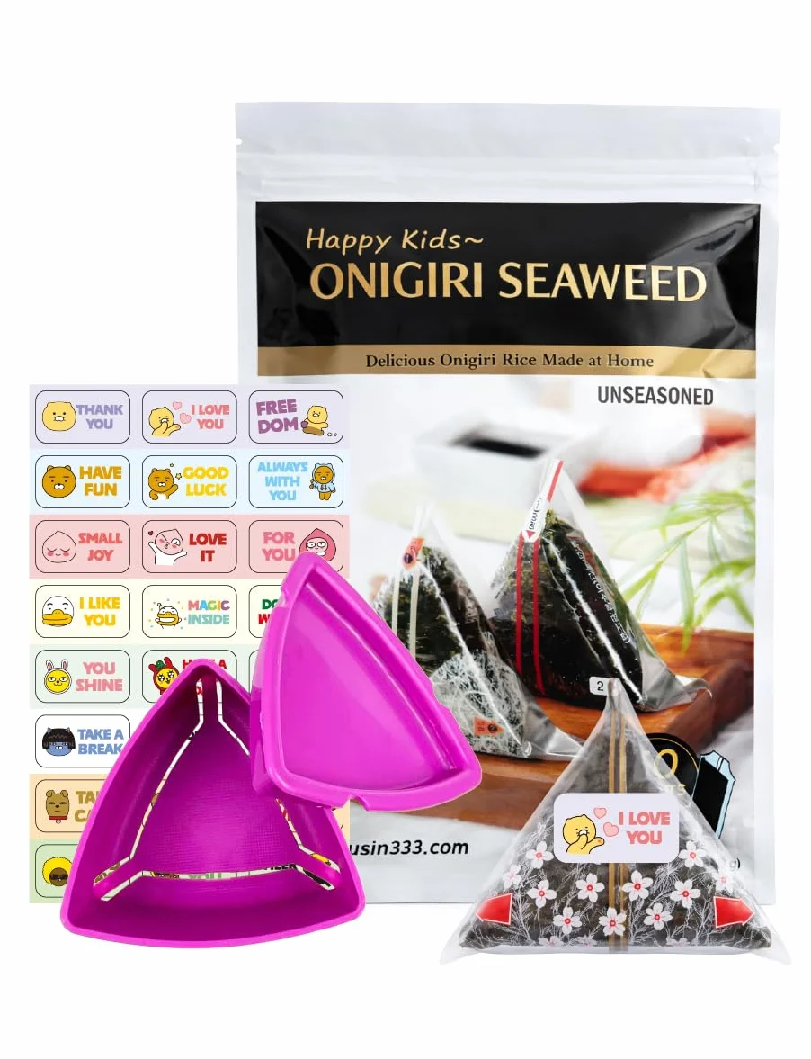 Emballage d'algues coréennes pour boule de riz triangulaire onigiri 40 feuilles avec moule | 40 standard + 24 autocollants d'étanchéité supplémentaires (total 64) – Nori torréfié deux fois, facile à