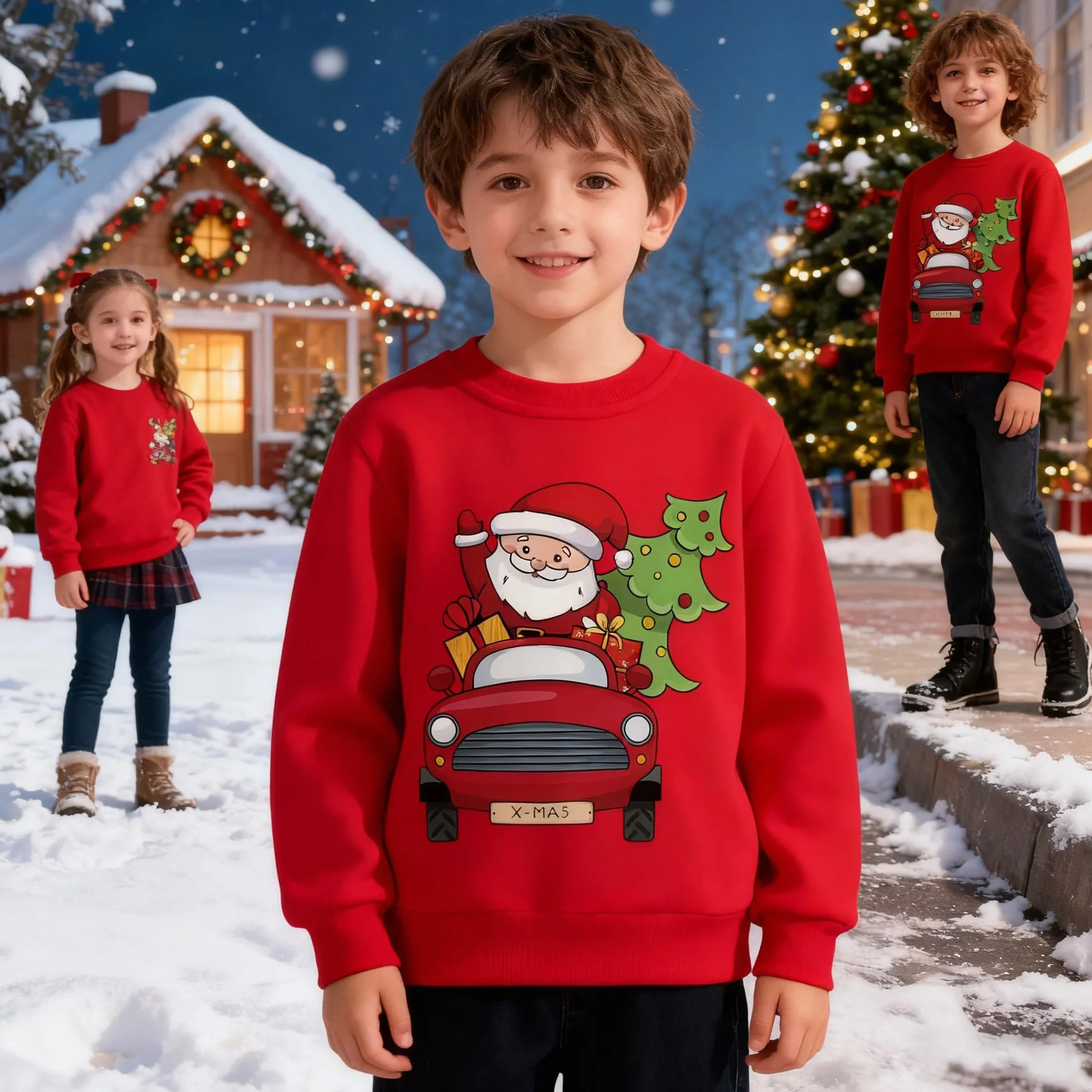 Pull Noël Enfant Coton Col Rond Garçon Fille 2-7 Ans