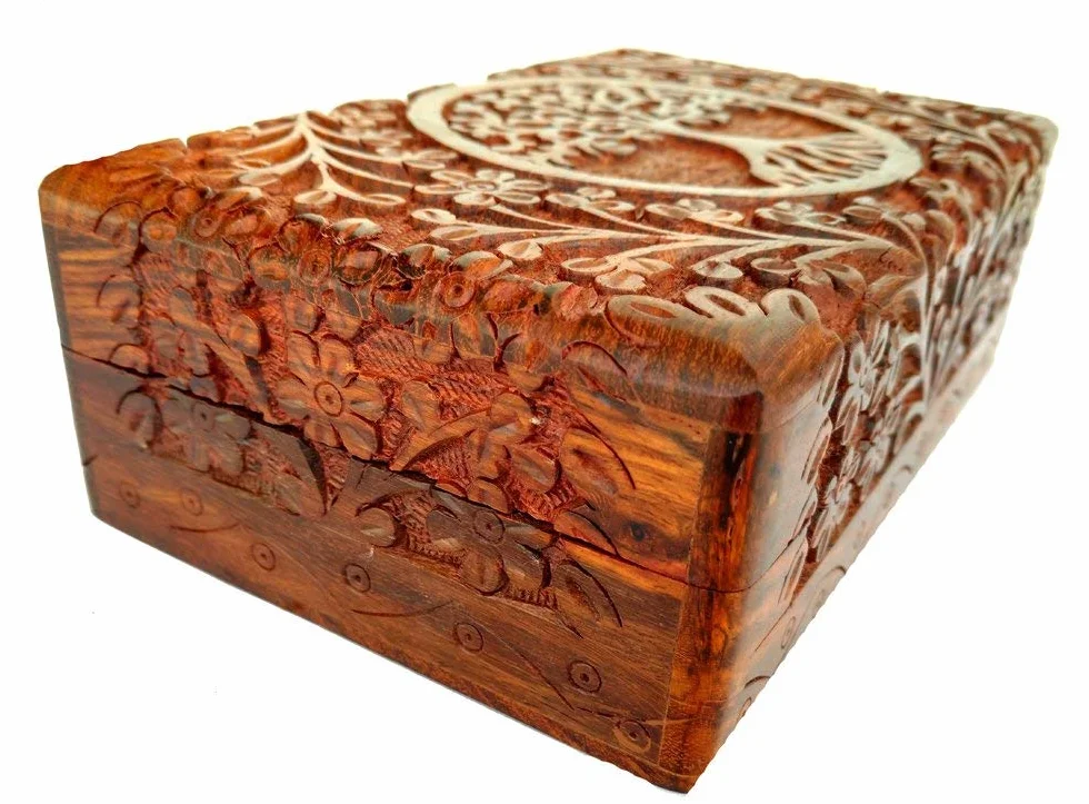 Boîte à Bijoux en Bois Fait Main Arbre de Vie, Coffret Sculpté, Rangement Décoratif 20 x 13 cm