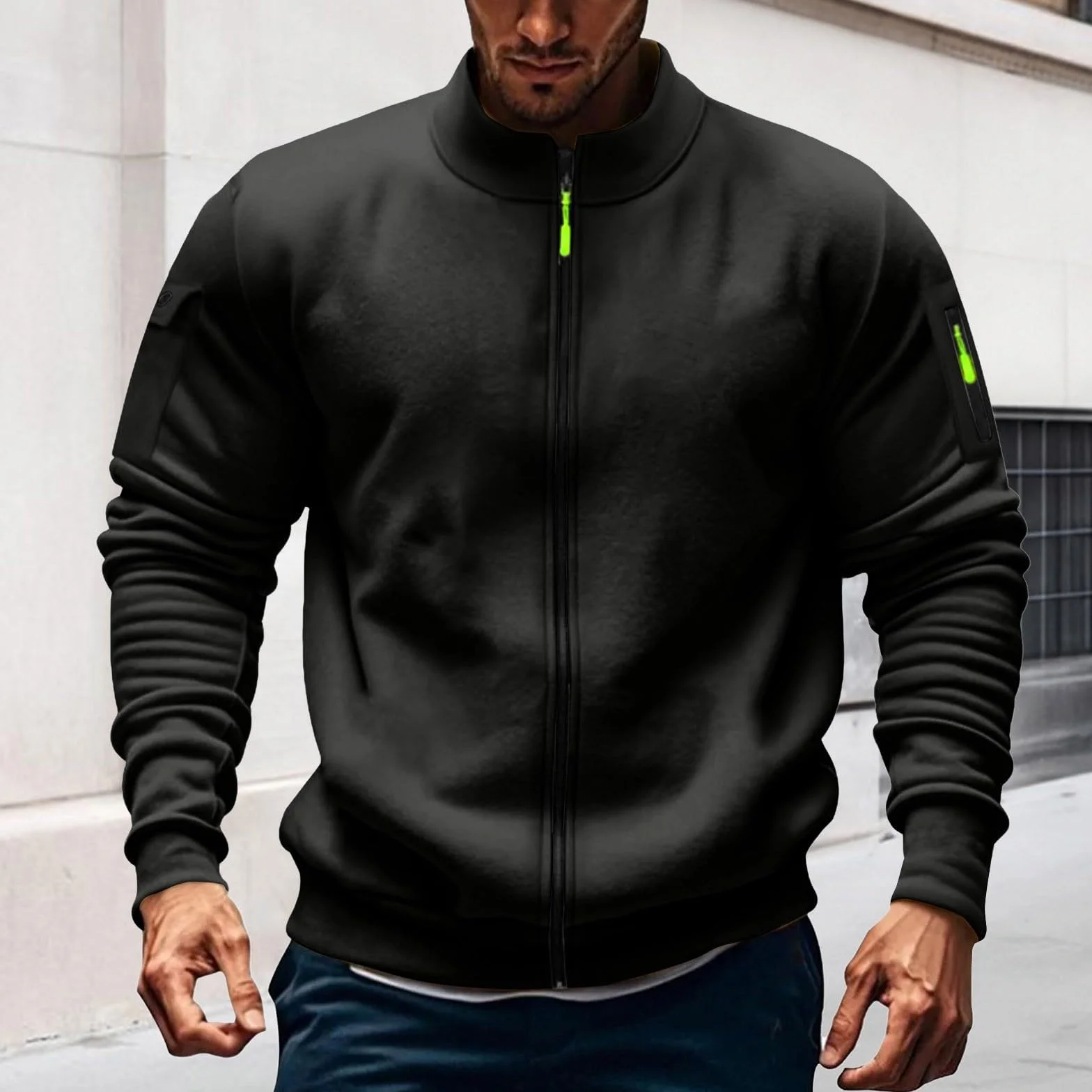 Sweat-shirt à fermeture éclair pour homme - Couleur unie - Sans capuche - Coupe ample - Veste légère avec poches