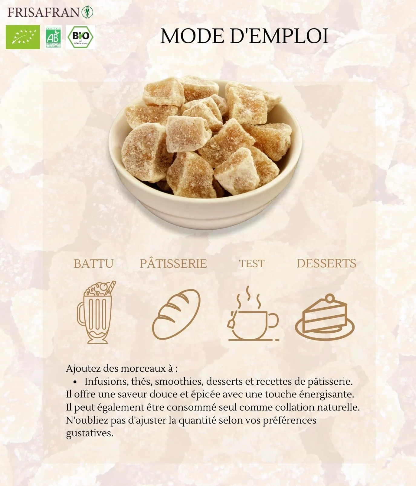 FRISAFRAN | Dés de Gingembre au Fructose Bio 200g | Tranches de gingembre glacées | Bonbons au gingembre coupés en dés | Gingembre confit | Superaliment naturel sans additifs | Naturel-Bio