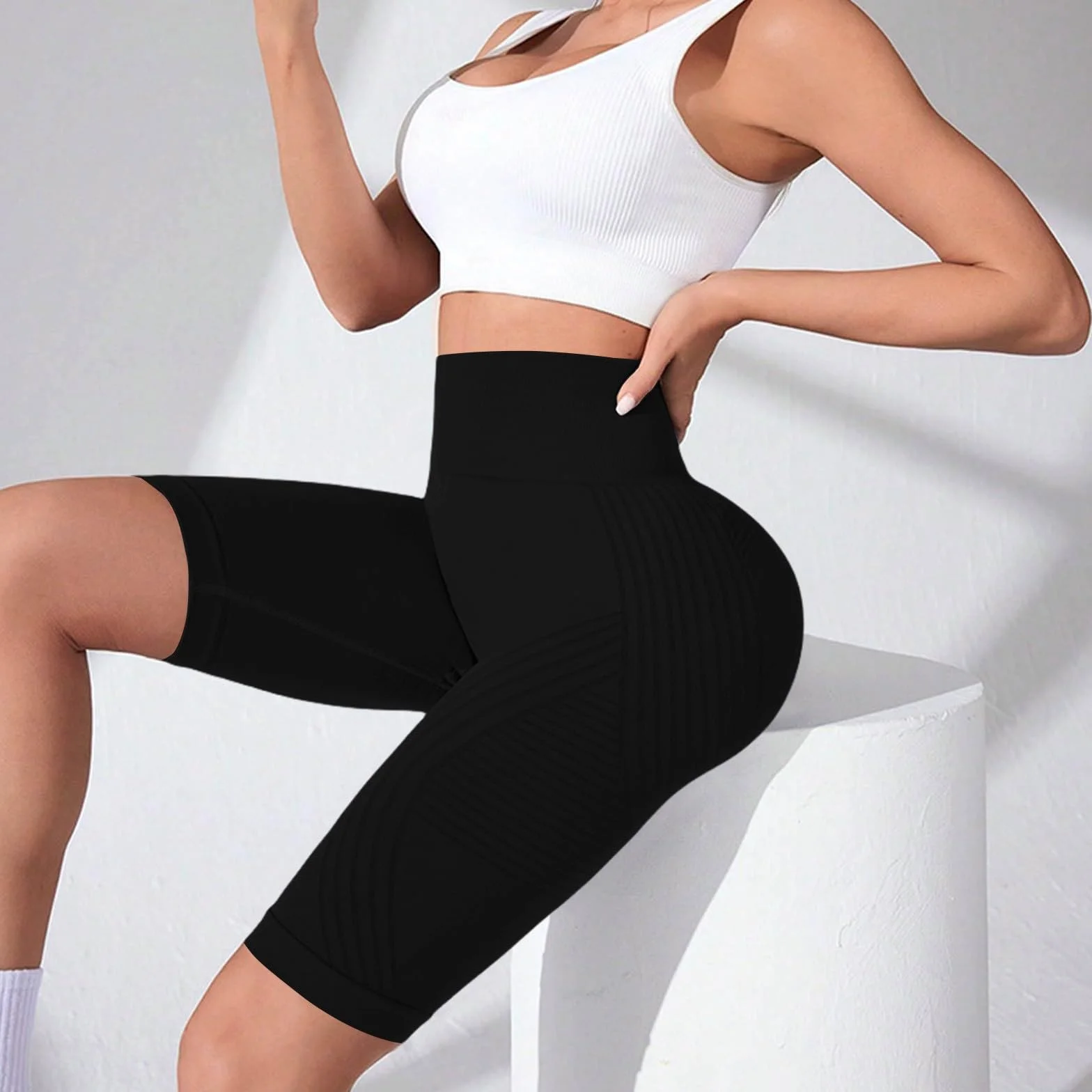 Luveon Leggings Short 3D Anti Cellulite, Legging Anti-Cellulite à Compression, Minceur Taille Haute sans Couture, Push-Up Opaque Yoga Fitness Pantalon Sport
