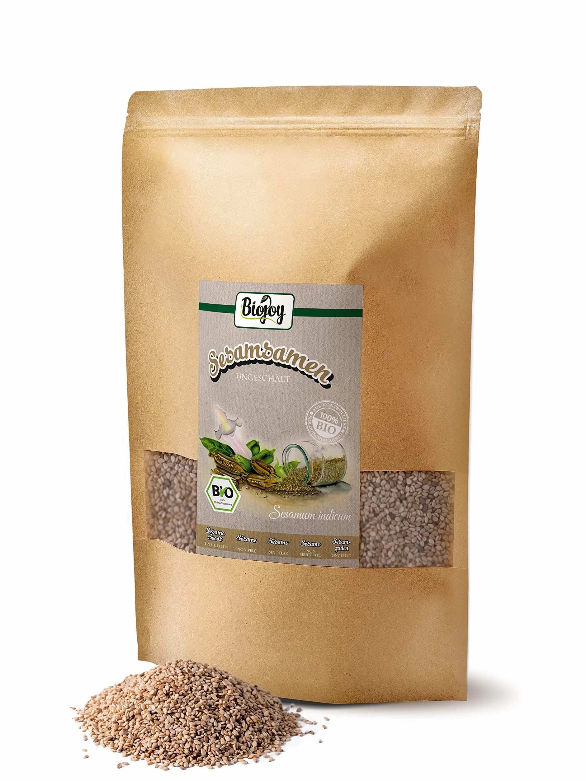 Biojoy Sésame BIO non pelé (1,5 kg), entier et cru, graines de sésame blanc, sans additifs