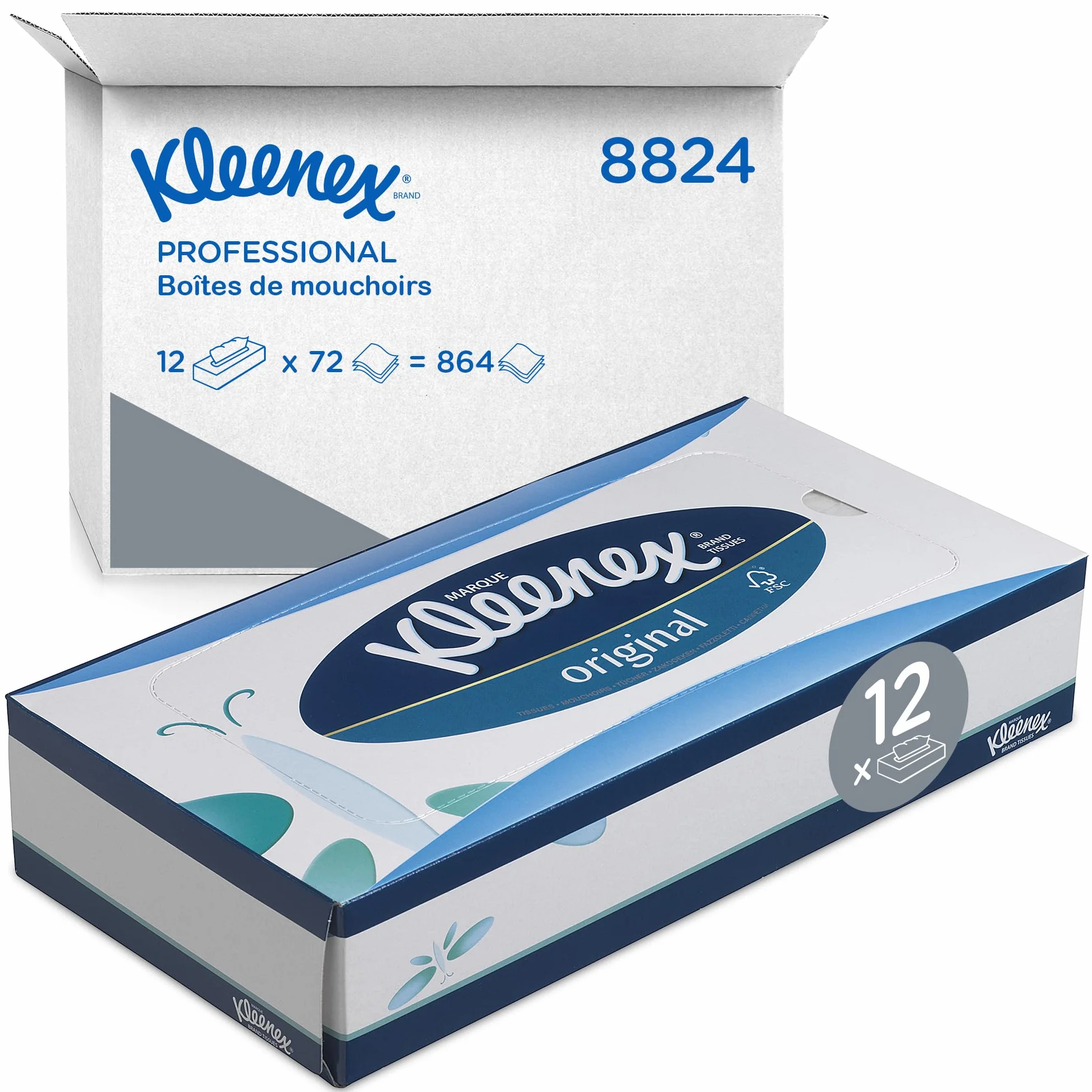 Kleenex Mouchoirs en Boite, 3 Epaisseurs, Absorbants, Certifiés FSC, Ecologiques, Idéals pour Bureaux et Espaces Professionnels, 12 Boites x 72 Mouchoirs (864 au Total), Réf. article 8824