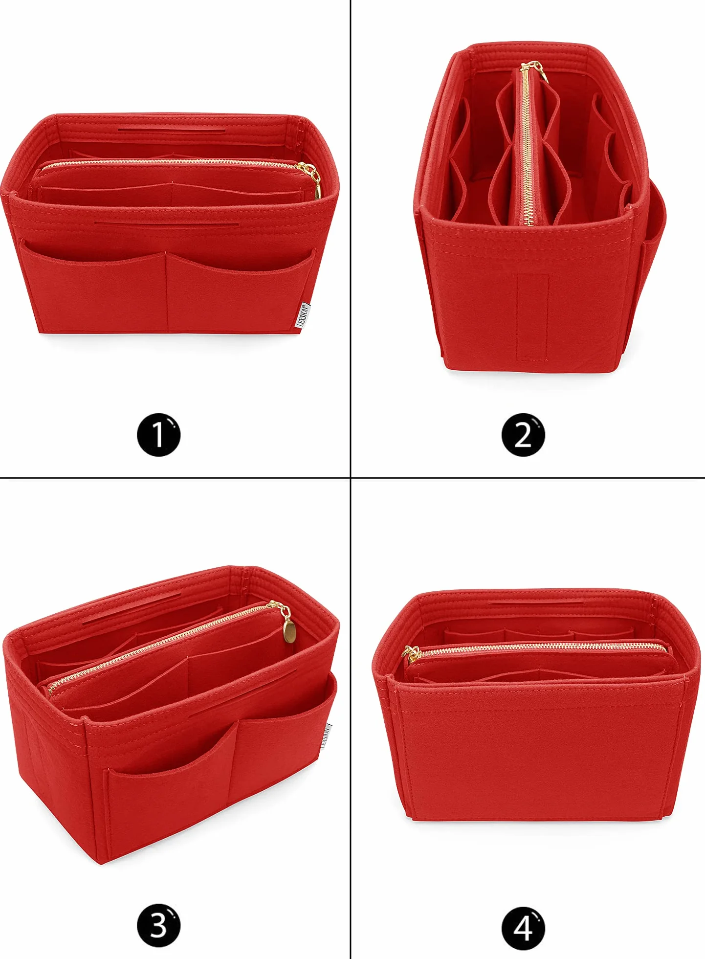 Organiseur de sac à main en feutre avec fermeture éclair pour Speedy Neverful PM MM, Rouge, M