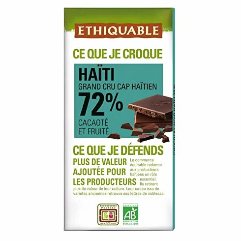 ETHIQUABLE - Chocolat Noir 72% Cacao D'Haiti Bio 100G - Lot De 4