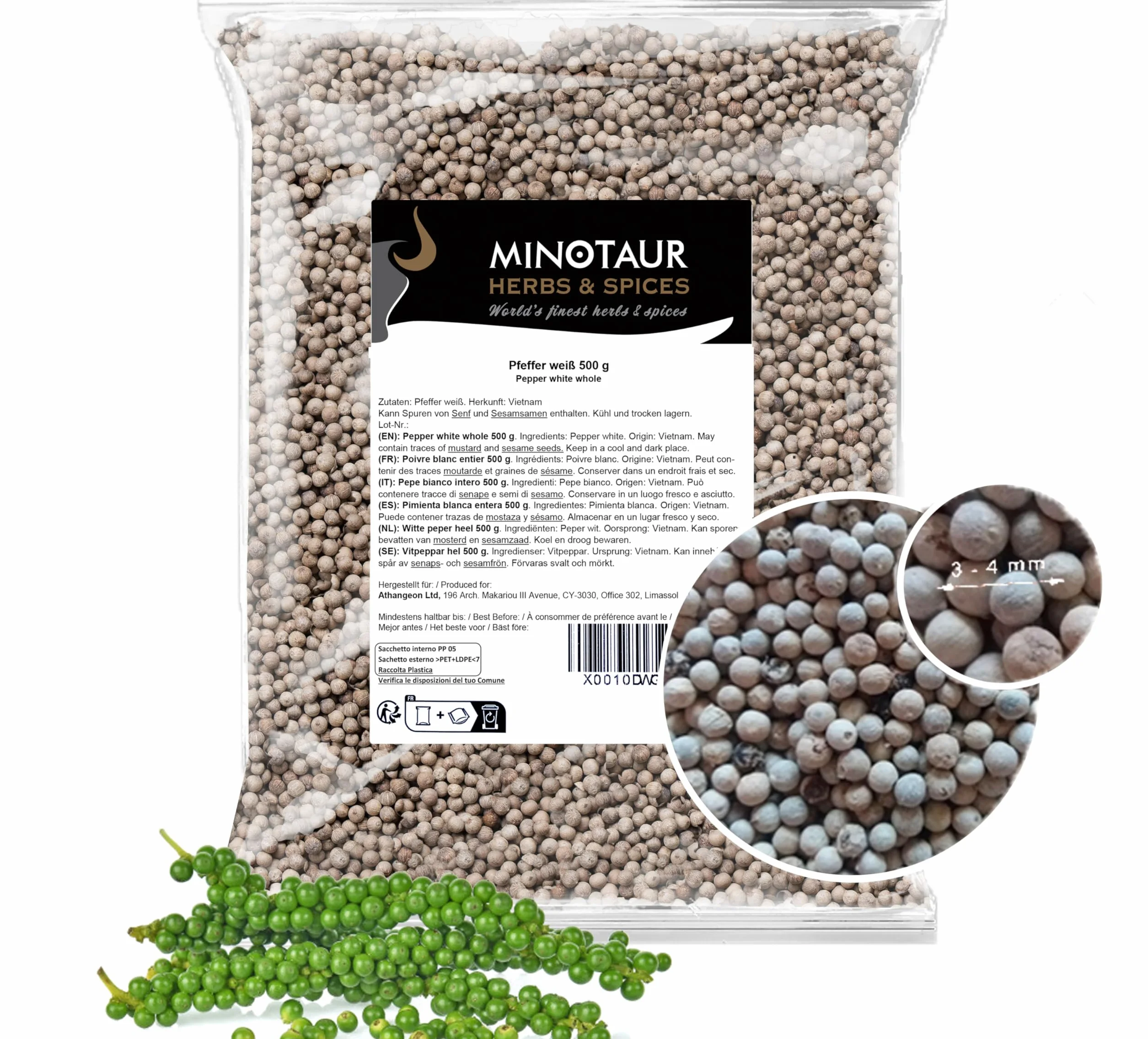 Minotaur Spices | Poivre blanc entier, Poivre blanc en grains, 2 x 500 g (1 Kg)