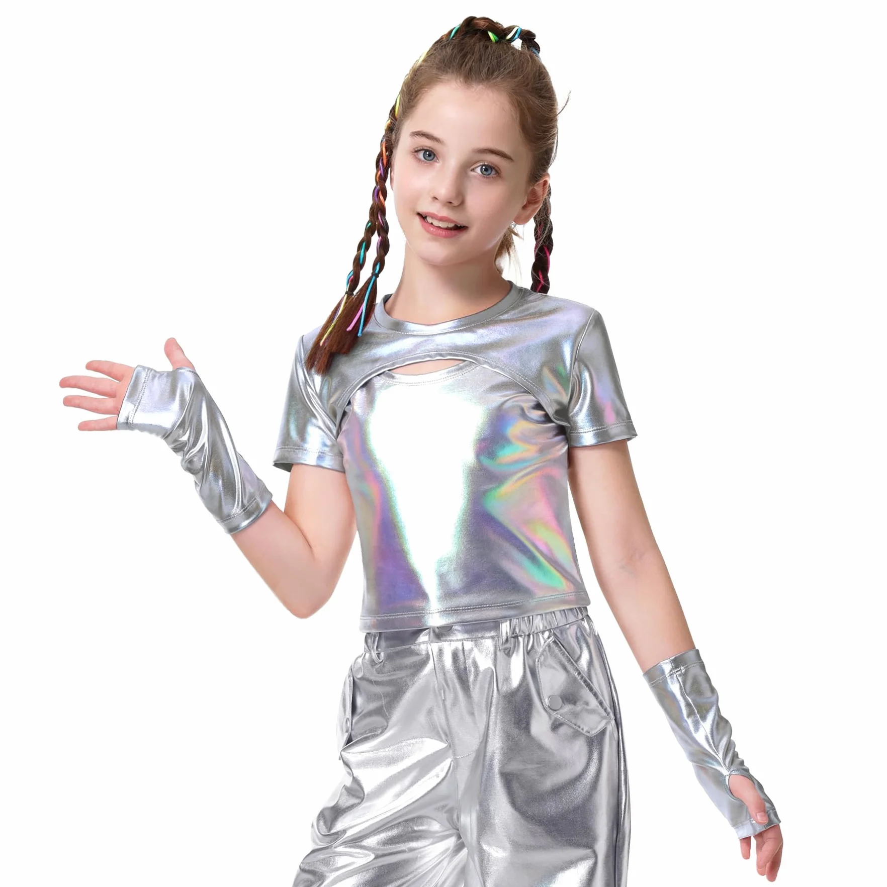 LOLANTA Haut Metallisé Enfant Fille Crop Top Danse Tenue Hip-hop Latine Jazz Spectacle Carnaval Fête Brillant Disco T-Shirt Manches Courtes