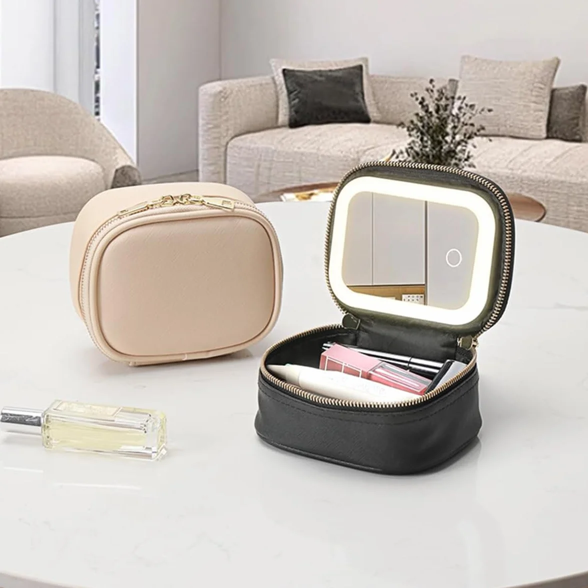 Trousse de maquillage avec miroir LED PU Noir Moderne