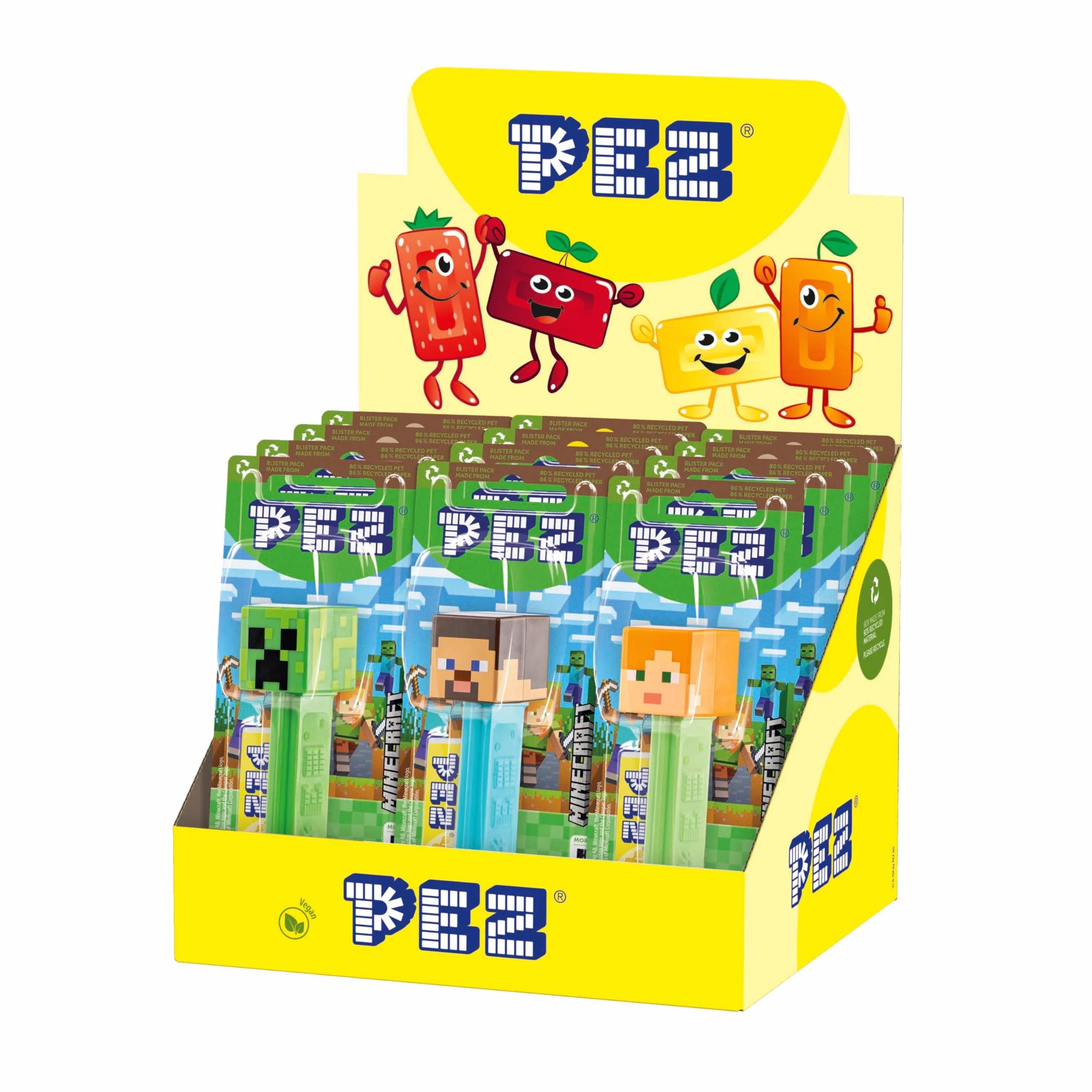 PEZ - PEZ Boîte Présentoir de 12 Blisters (1 distributeur + 1 recharge de bonbons) MineCraft