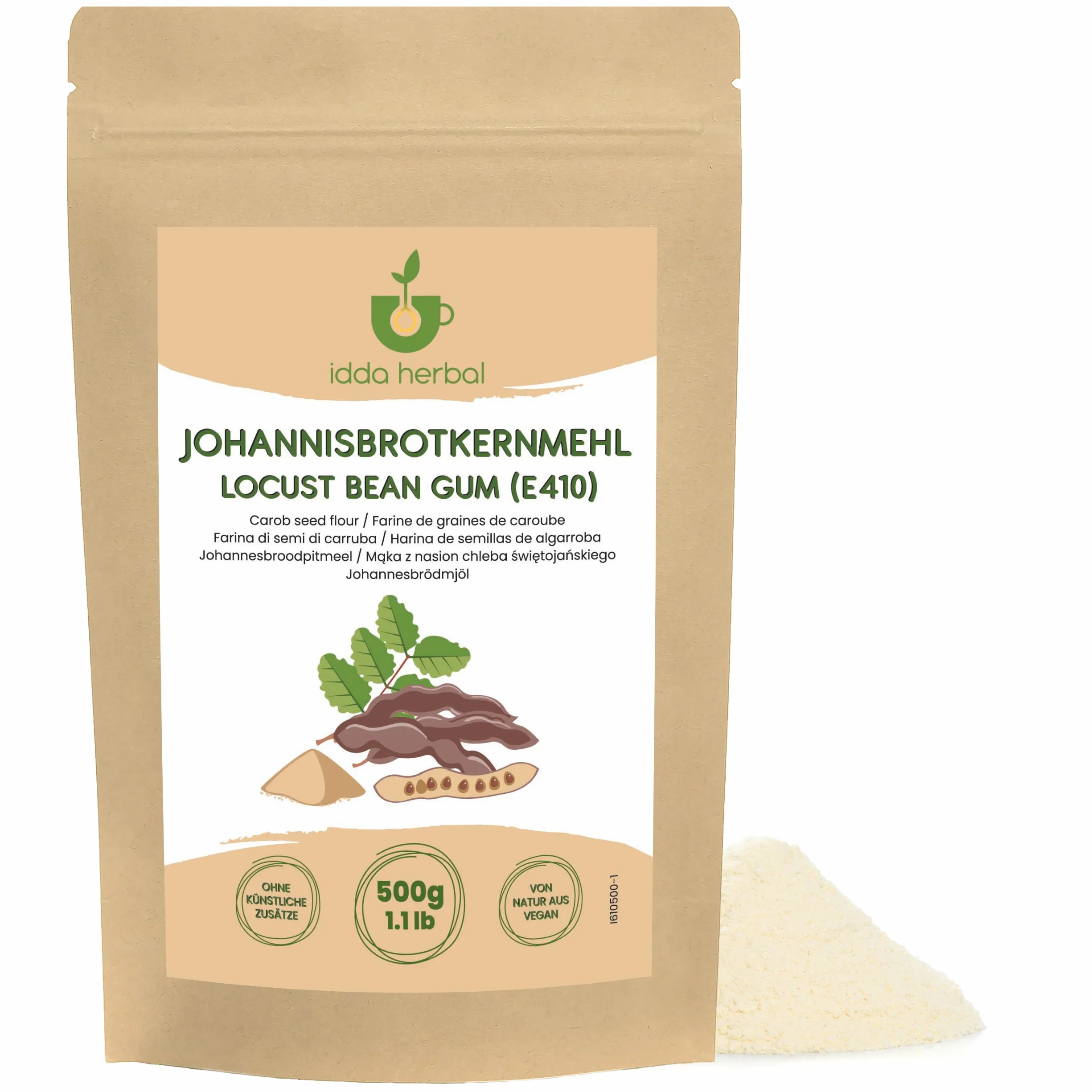 IDDA Herbal Poudre de Caroube E410 500g, Graines de Caroube Poudre sans Gluten, Viscosité 3000 CPS