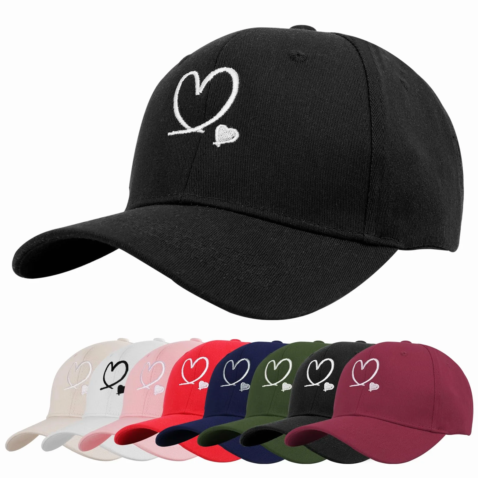 Tiakay Casquette de Baseball Unisexe à Broderie de Cœur Réglable Coton Respirant Protection UV Chapeau Soleil Été Plein Air Voyage Sport