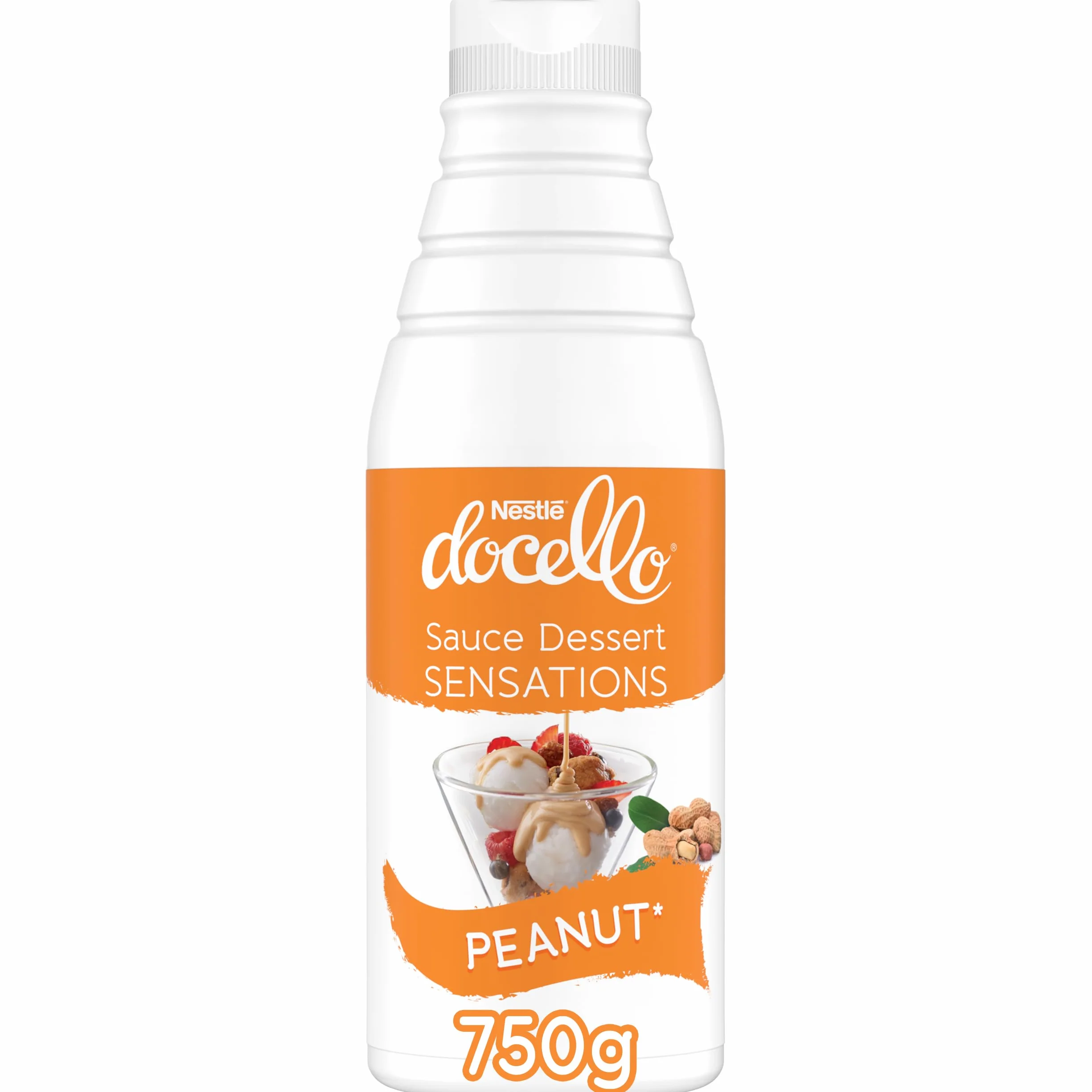 NESTLÉ DOCELLO Sauce Sensation Peanut - Sauce Dessert Cacahuète - Forte Teneur en Cacahuète (30%) - Aide à la Pâtisserie, Topping, Nappage Gâteau, Coulis - Bouteille Squeeze - 750g