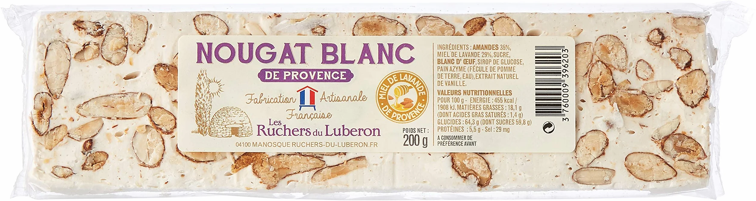 Les Ruchers du Luberon - Nougat Blanc de Provence en Barre 200 g - Nougat Tendre aux Amandes et au Miel de Lavande - Fabrication Artisanale