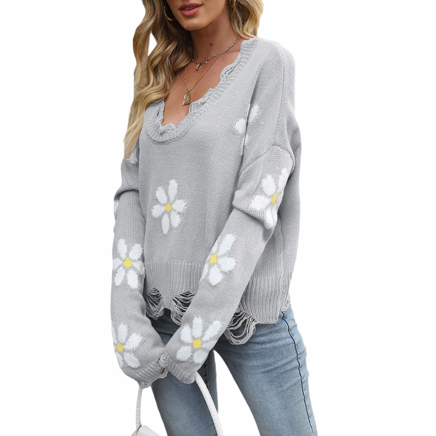 Pull Tricoté Femme Court Déchiré Manches Longues Col V Y2K Streetwear