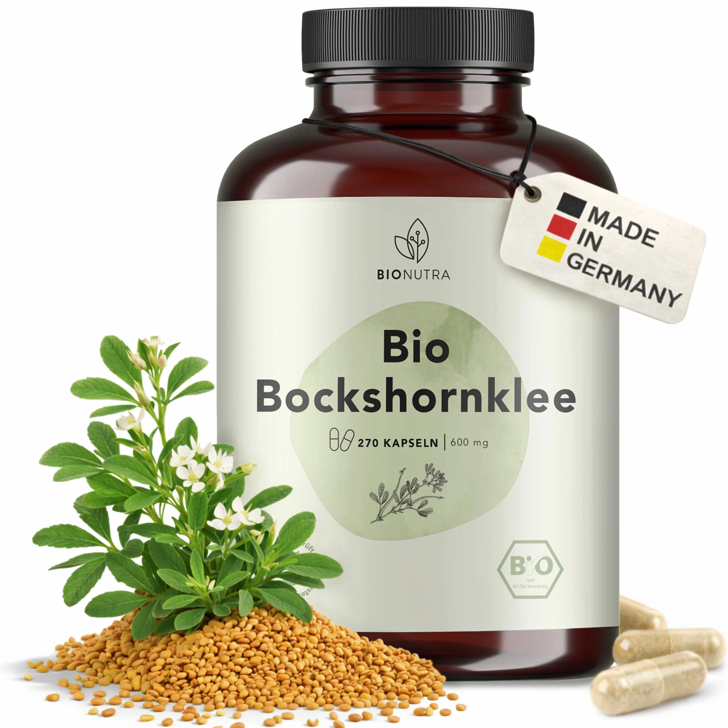 BIONUTRA Gélules de Fenugrec Bio, 270 gélules de 600 mg | Poudre de graines de fenugrec bio, contrôle des résidus, sans additifs, vegan, fabrication en Allemagne