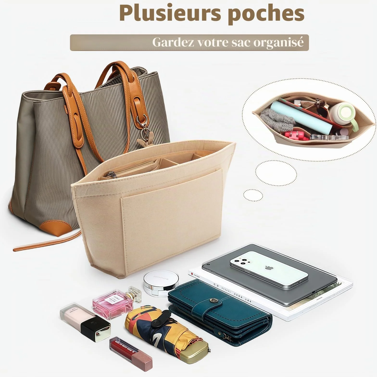 Organiseur de sac à main en feutre pour Longchamp L, pliable, Beige