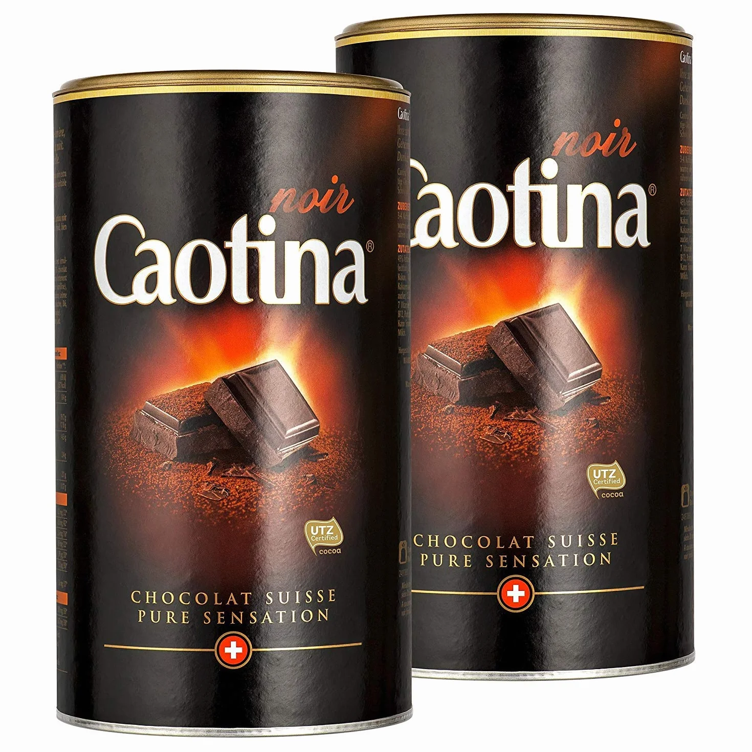 Caotina noir, Poudre de Cacao avec du Chocolat Noir Suisse, Chocolat Chaud, Lot de 2, 2 x 500g