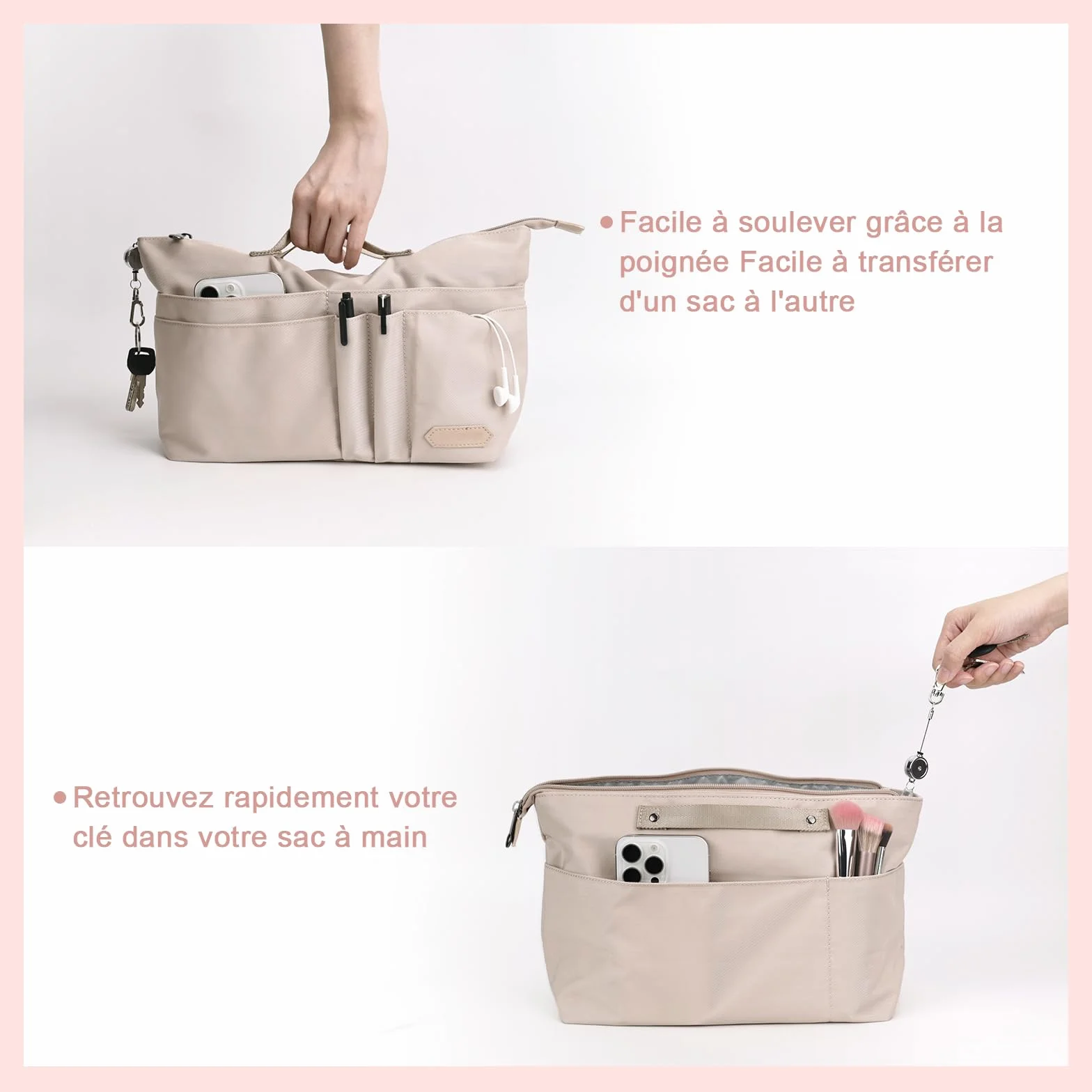 GADITIEK Organisateur Sac à Main Polyester avec Fermeture Multi Poches pour Longchamp Sac Pliage Femmes Beige L
