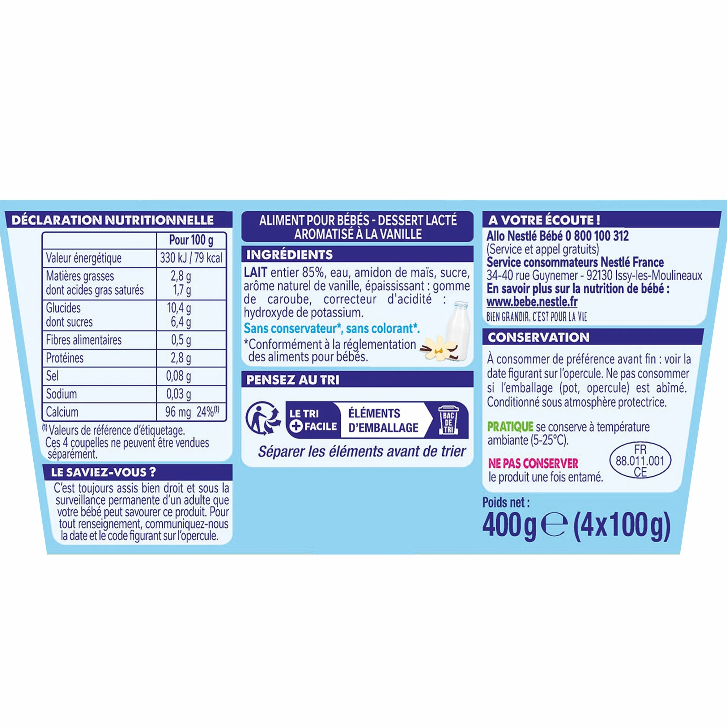 Nestlé Bébé - P'tit Gourmand Saveur Vanille - Laitage dès 6 mois - 4 x 100g