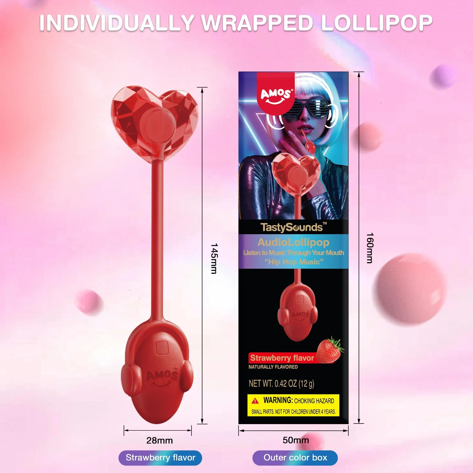 AMOS Musicales Sucette Bonbon Lollipop, 1x Strawberry Fraise Audio Sucettes, Noël Christmas Fête Sucettes Gift, Bonbon Sans Sucre Individuel Emballés Candy Parfait Pour Fête