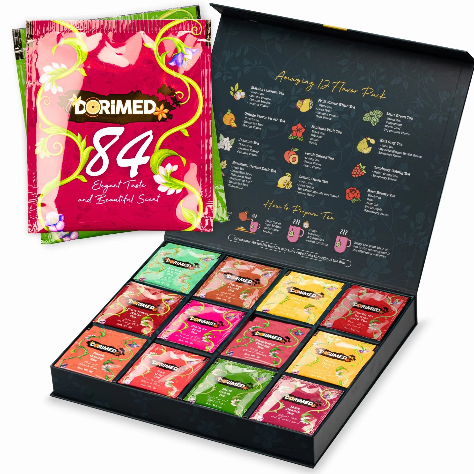 Coffret Découverte & Dégustation – Assortiment de 12 Thés & Infusions Aromatisés (84 sachets individuels) – Thé Noir/Blanc/Vert/Matcha/Earl Grey/Oolong/Pu-Erh – Coffret Cadeau - Tisanes