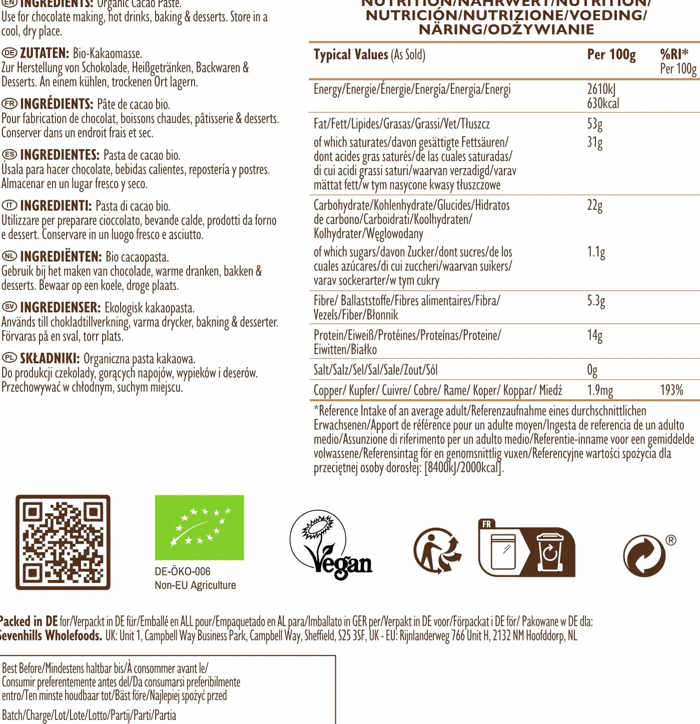 Sevenhills Wholefoods Pâte De Cacao Bio 500g