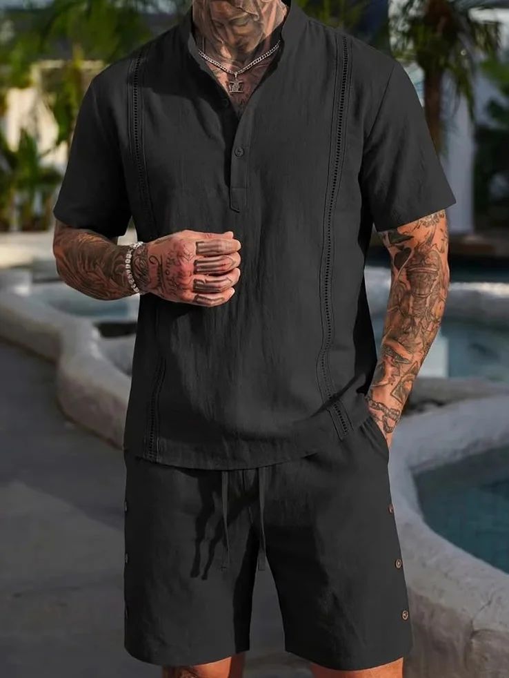 Ensemble en Lin 2 Pièce Homme Chemise T-Shirt Manches Courtes Pantacourt Shorts Jogging Été