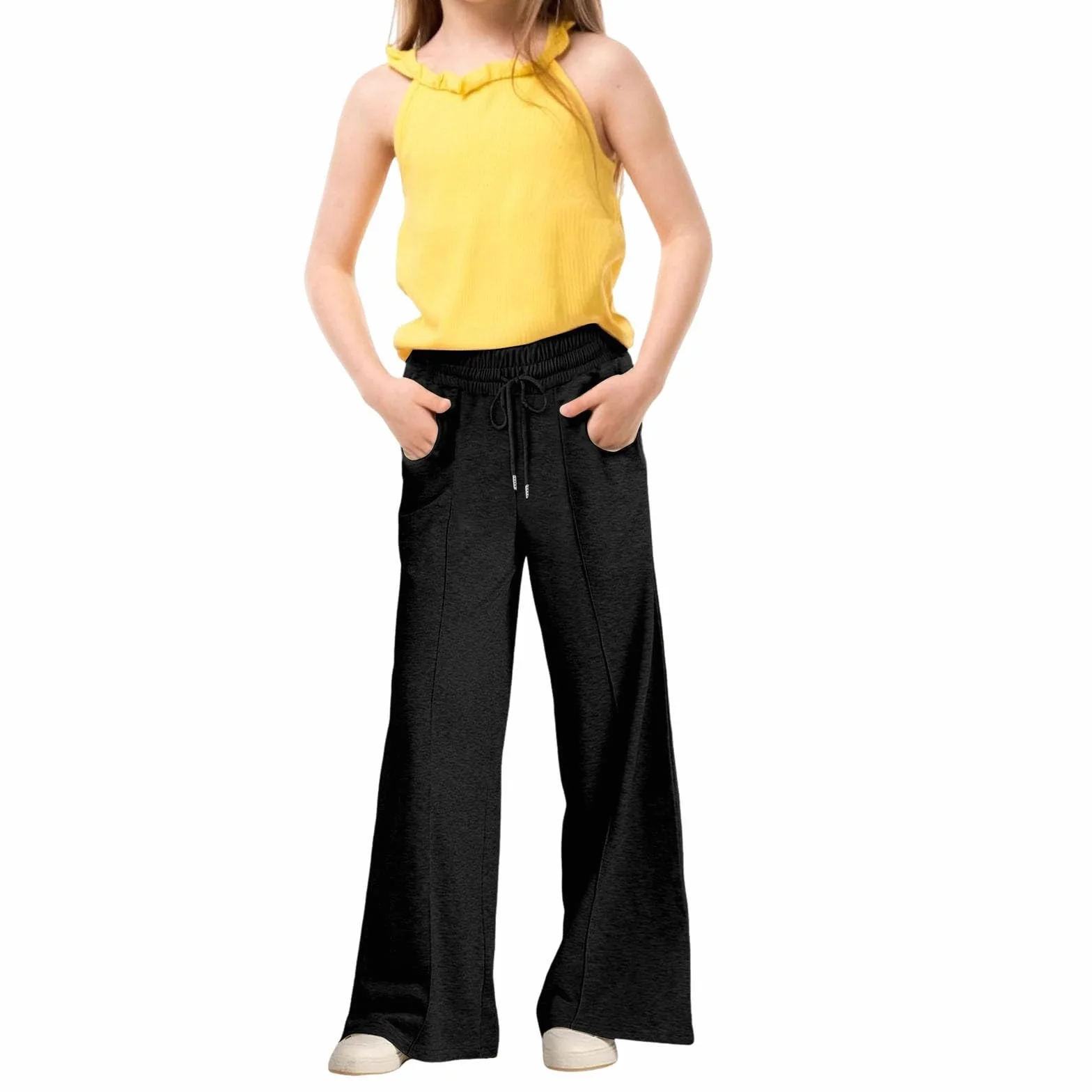 Pantalon de jogging ample taille haute pour filles avec cordon de serrage, jambe droite, couleur unie, poches