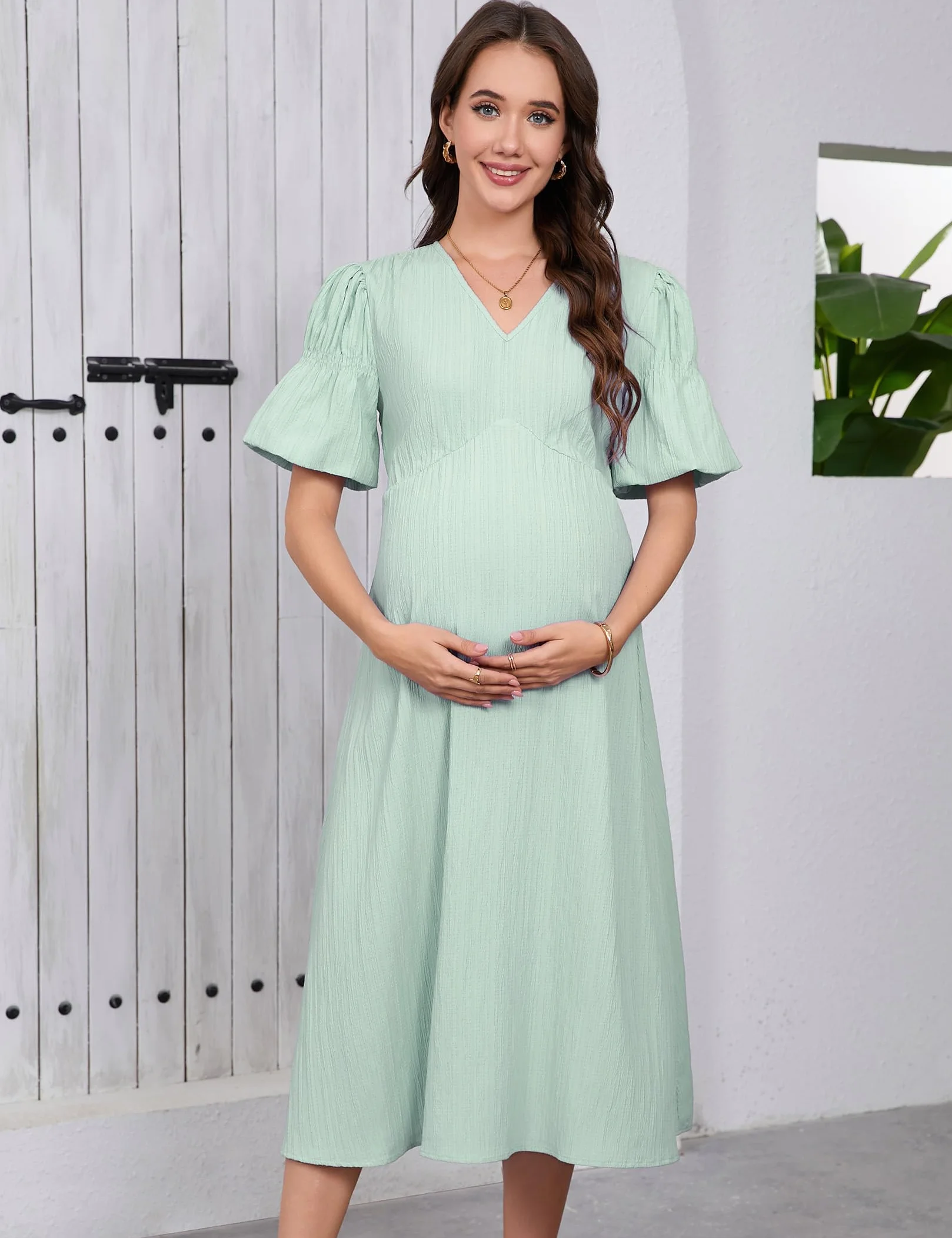 YesFashion Robe de grossesse élégante col en V longue robe d'allaitement taille haute manches lanterne