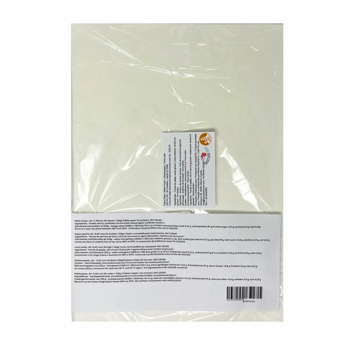 Bramacartuchos Papier comestible de wafer L3 - A4 - Blanc (épaisseur d'environ 0,3 mm) 50 feuilles (Papier de riz)