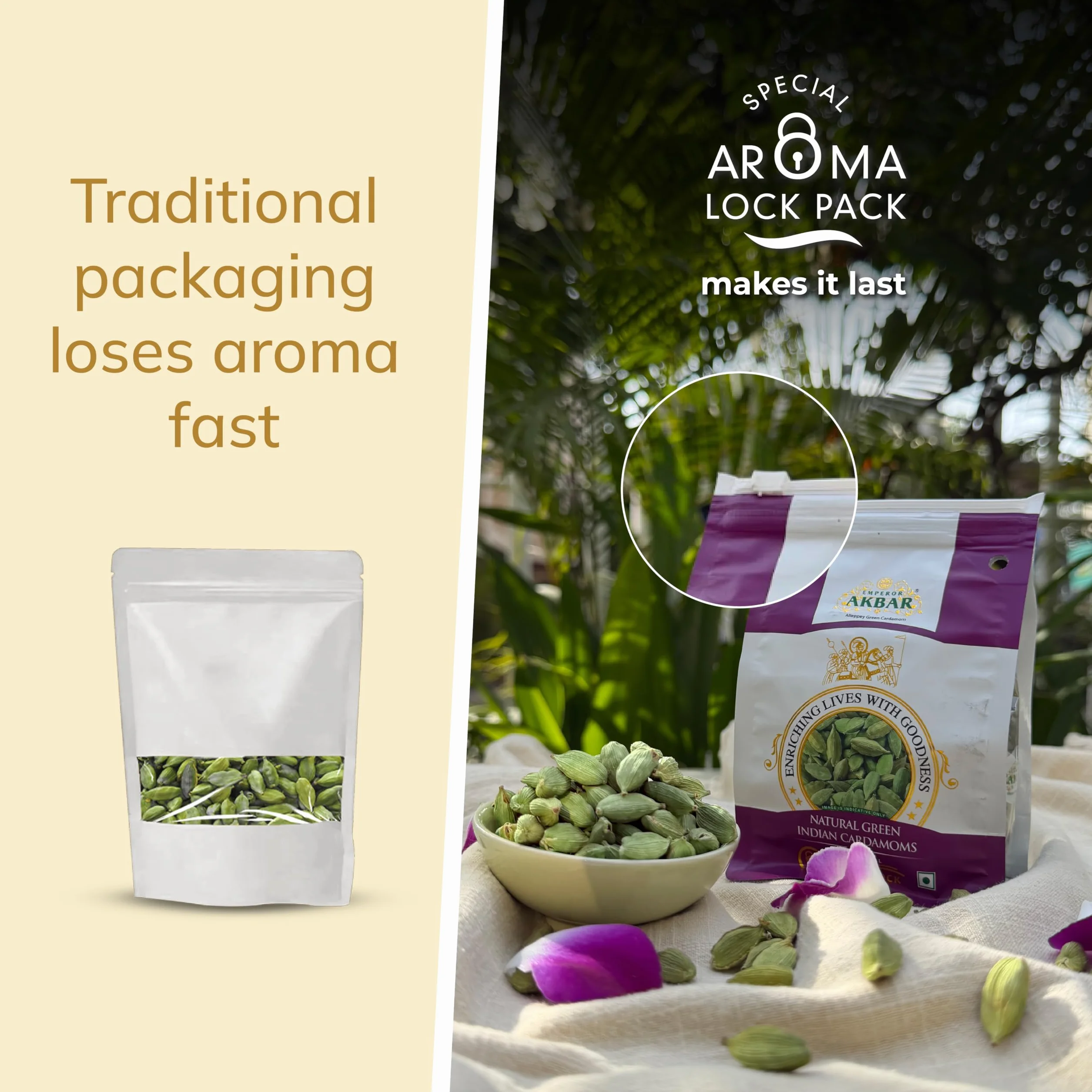 Emperor Akbar Cardamome (Elaichi) – 100 g – Cardamome verte dans un paquet aromatique supérieur (Grade violet – 8 mm ci-dessus)