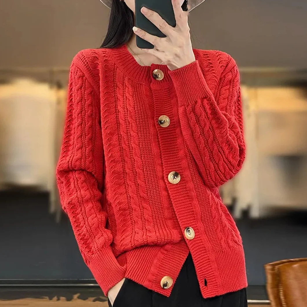 Alloaone Cardigan Ample Femmes Col Rond Manches Longues Pull Torsadé