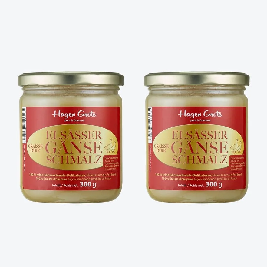 Graisse d’oie à l’alsacienne Hagen Grote 2 x 300 g dans un verre, pure graisse d’oie, spécialité française, relevée sur du pain, pour frire la volaille ou assaisonner le chou rouge