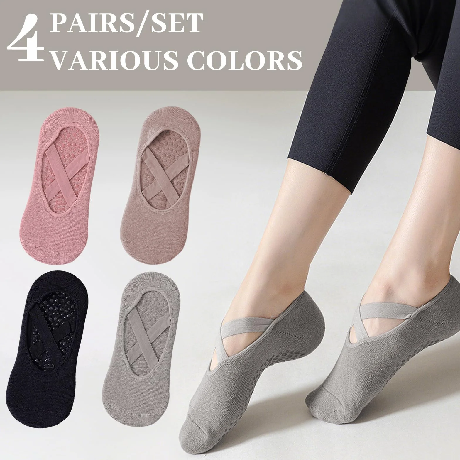 Chaussettes Antidérapantes Femme Pilates Coton Respirant avec Poignées Sangles pour Yoga Barre Ballet Danse Entraînement