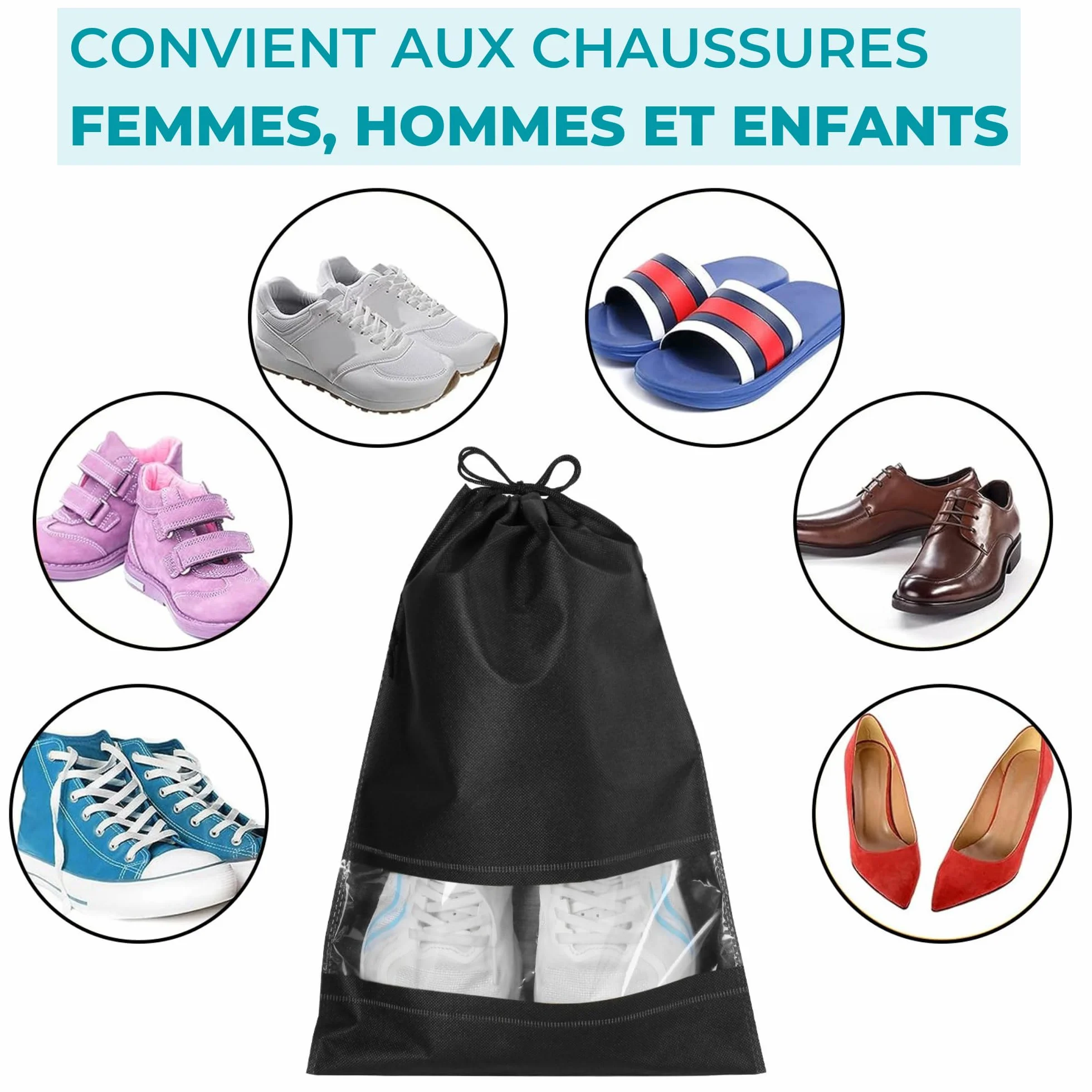 Sacs à Chaussures de Voyage Étanches, Grand Organisateur de Rangement avec Cordon de Serrage et Fente Transparente, 10 Pièces, Noir
