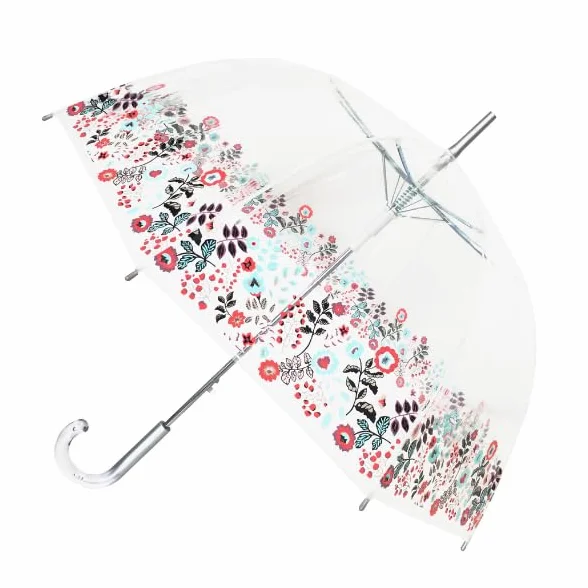 SMATI Parapluie Long Transparent Forme Cloche Solide Ouverture Automatique 85cm Poignée Transparente Femme Dentelle Colorée