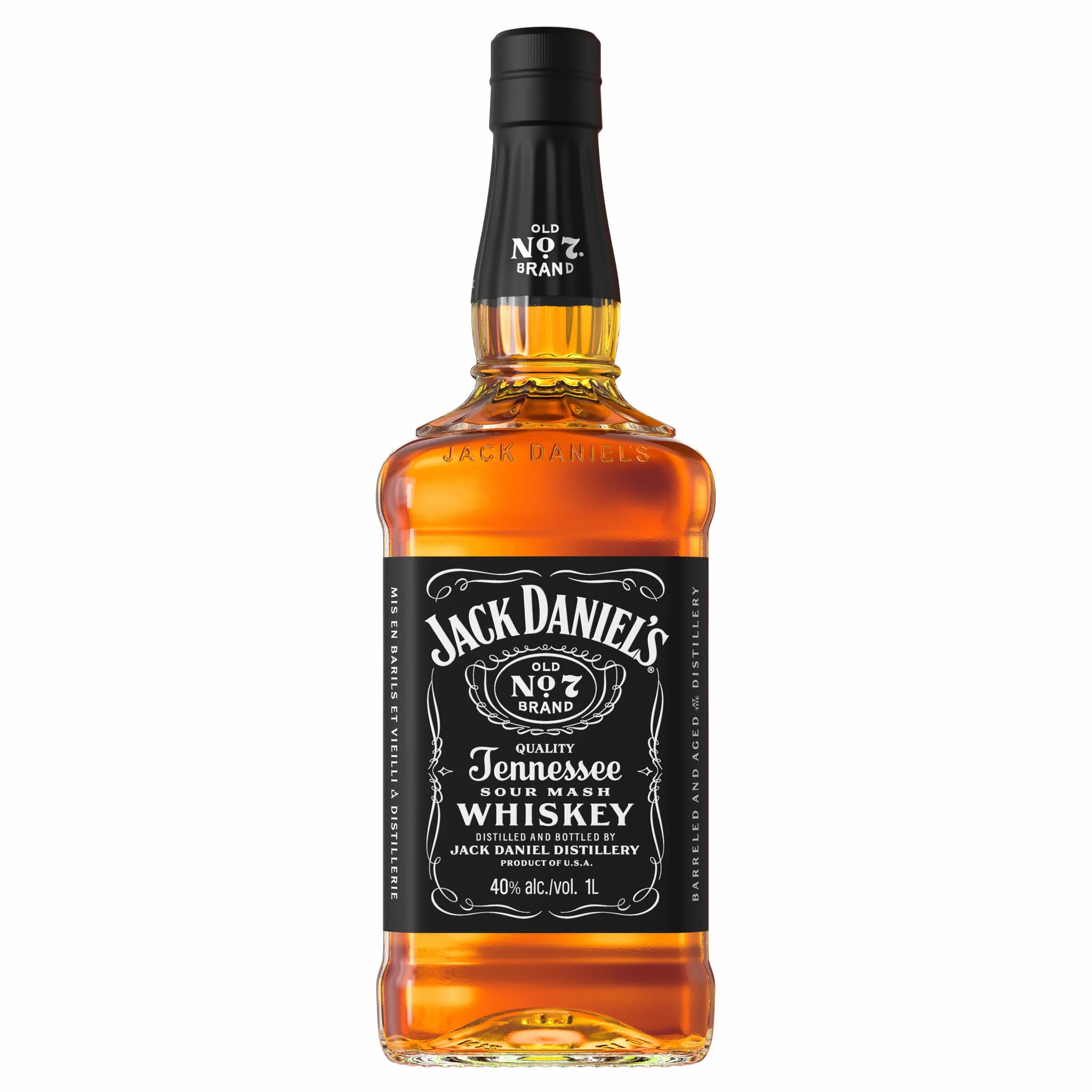 Jack Daniel's Old N°7 Tennessee Whiskey 40% vol 1L - Whisky Américain Iconique - Filtré sur charbon de bois d'érable - Notes de Vanille, Caramel & Chêne - Idéal Pur sur glace ou en Cocktail