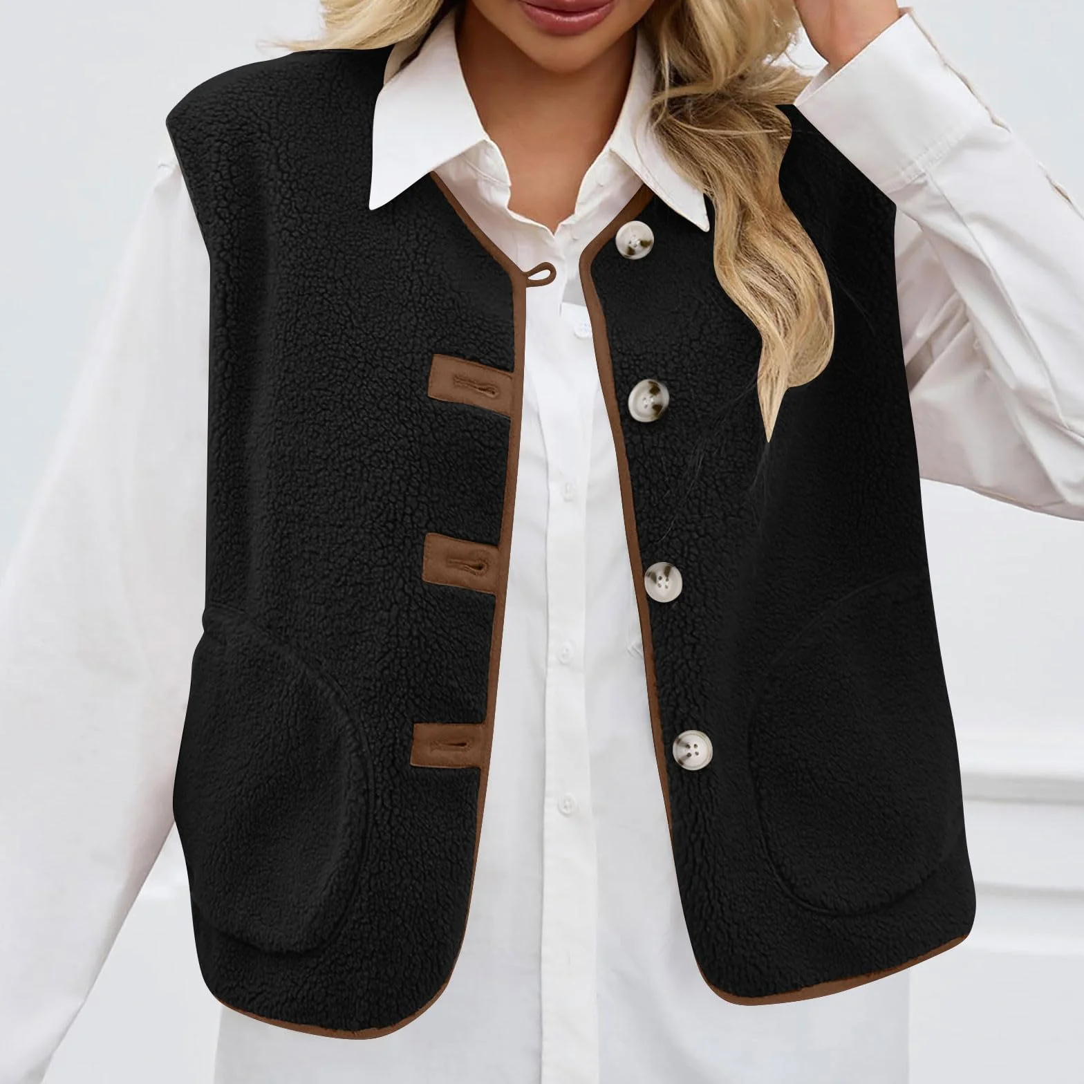 Gilet Polaire Sans Manches Pour Femme Veste Laine Couleur Unie Chaud Avec Poches