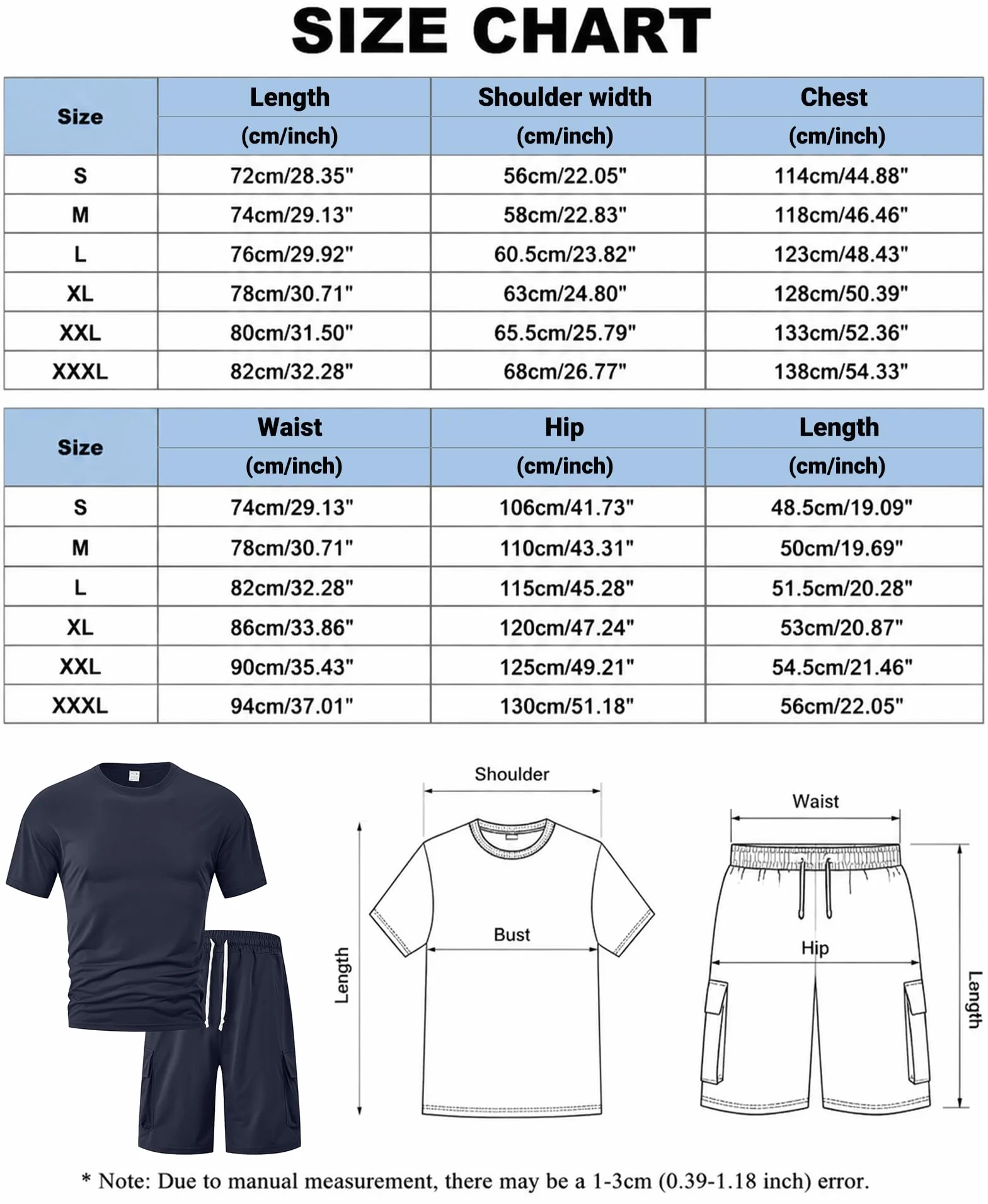 Survêtement Homme 2 Pièces Ensemble T-shirt et Short Cargo avec Poches