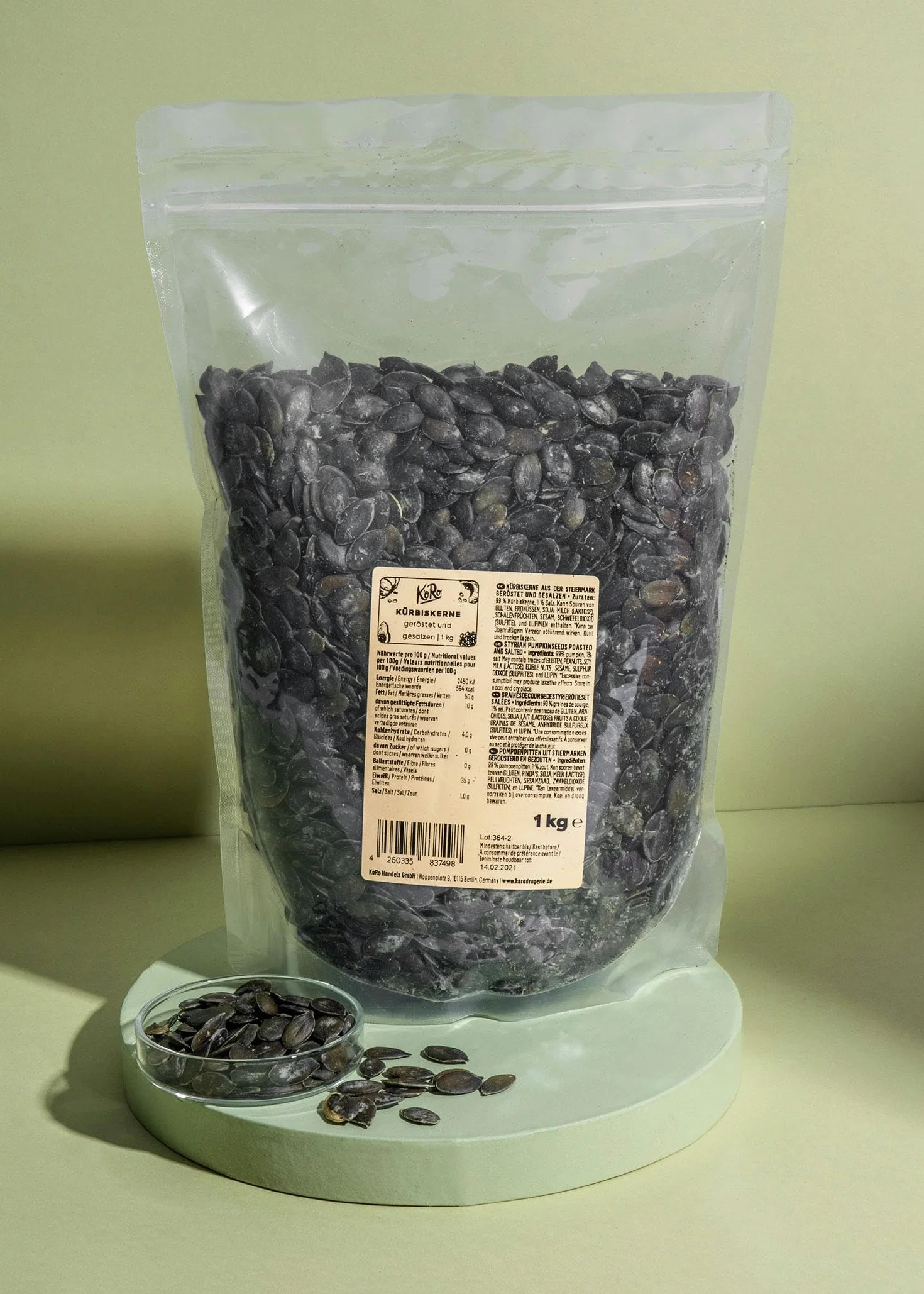 KoRo - Graines de courge de Styrie rôties et salées 1 kg - Graines de Styrie dans un paquet économique parfait comme snack ou sur la salade.