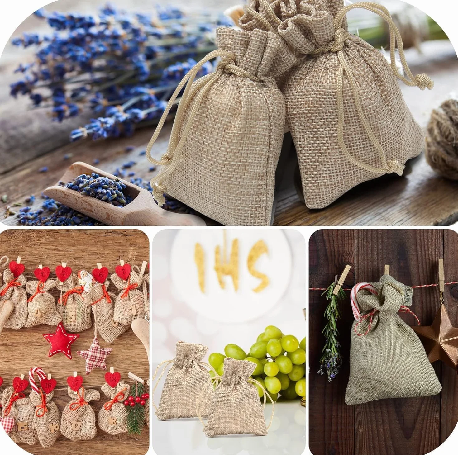 Sachets en Jute 24 Pcs Sacs Cadeau avec Cordon Réutilisables Pochette Tissu Lin Autocollants Cœur Étiquettes