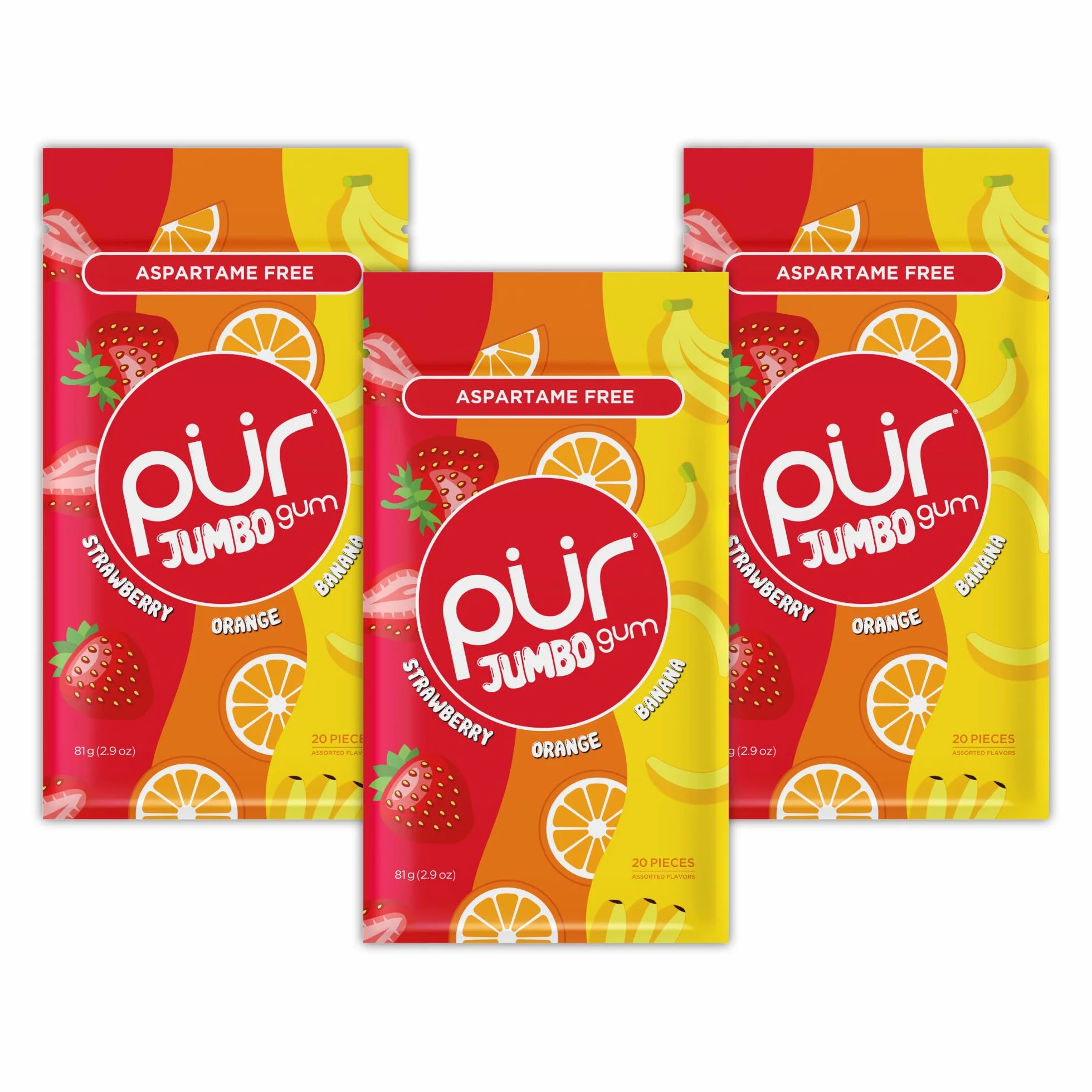 PUR Jumbo Gum Sans Aspartame Au Xylitol Arôme Naturel Fraise Banane Orange 20 Pièces Lot de 3