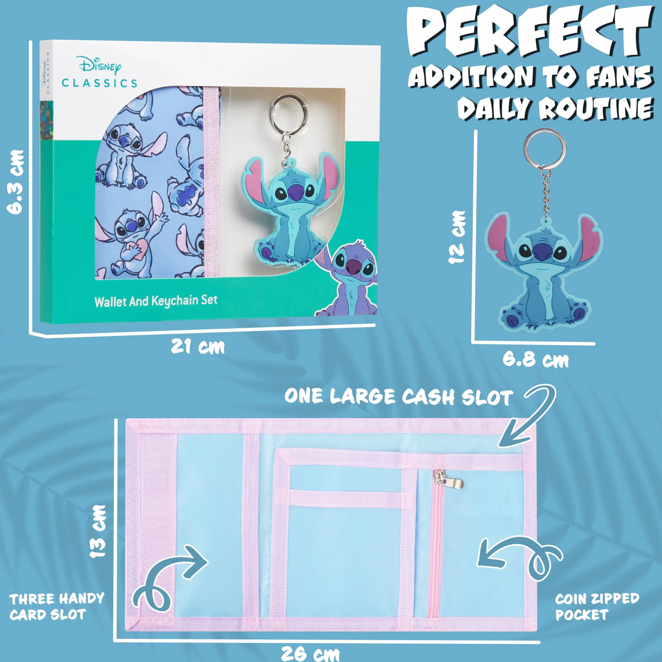 Disney Coffret Cadeau Portefeuille Enfant Porte Clé Stitch Bleu