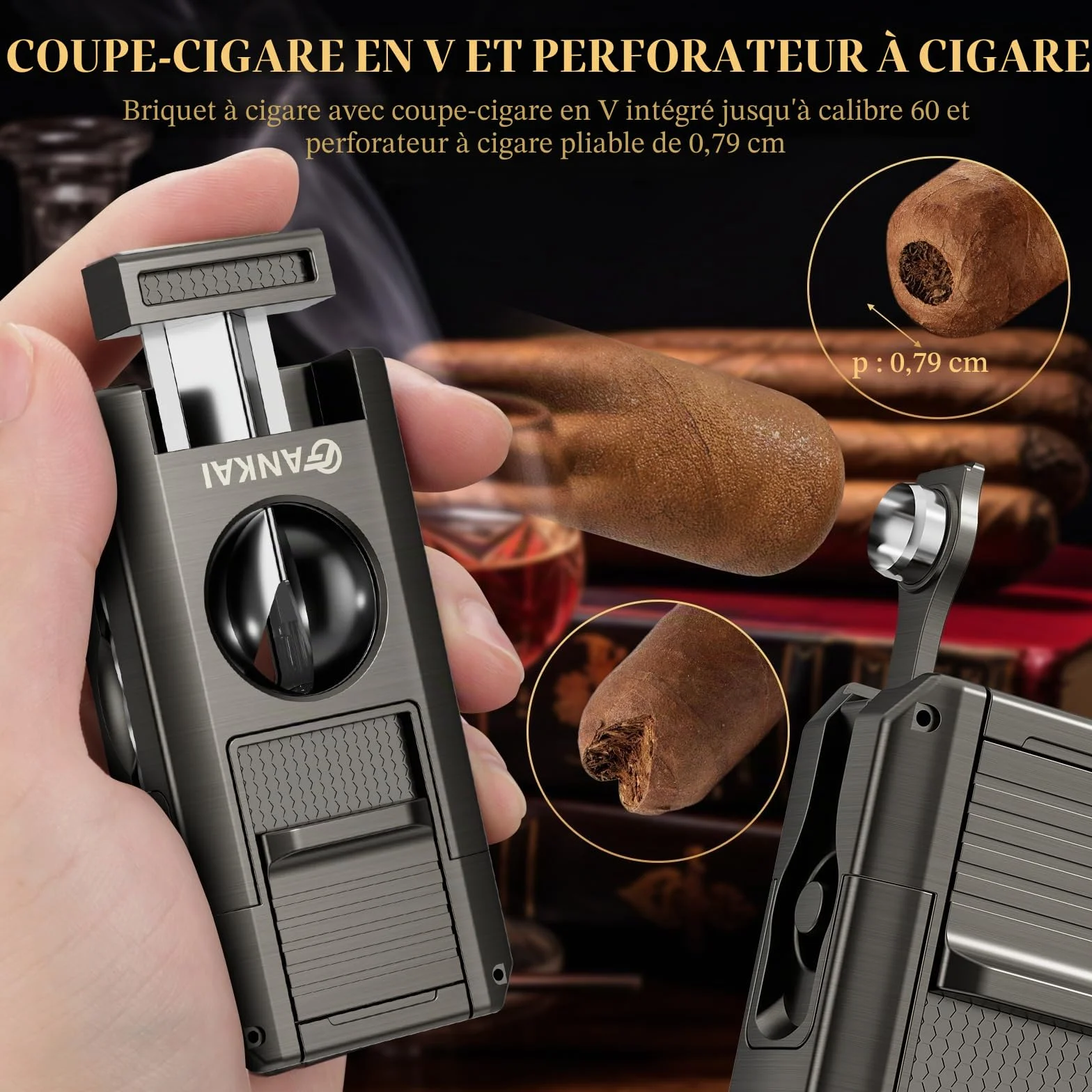 Allume-cigare, briquet à cigarettes 5 en 1 avec emporte-pièce en V, poinçon à cigarettes, support à cigares, jeu de poker à cigarettes, briquet au butane, flamme double jet, cadeau de