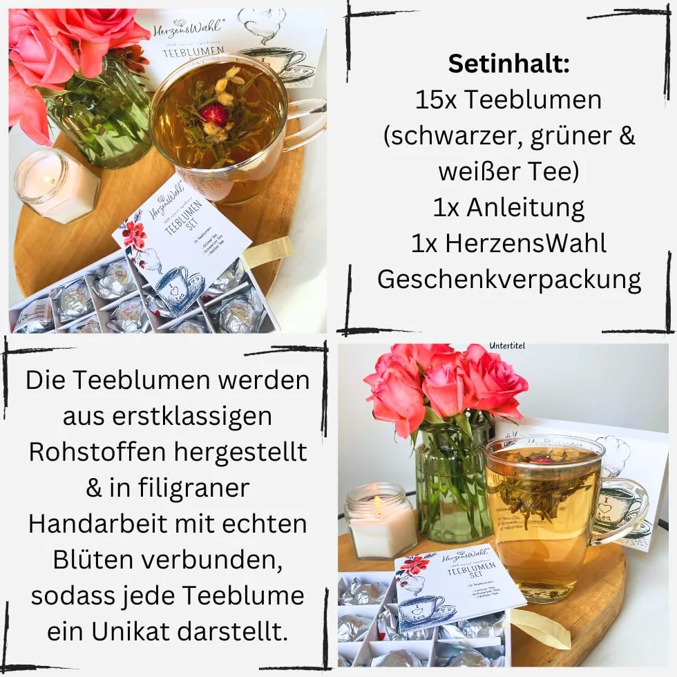 HerzensWahl Coffret cadeau de fleurs de thé - 15 fleurs de thé blanc, thé vert et thé noir dans une boîte à thé - Kit de dégustation de fleurs de thé pour les amateurs de thé avec boîte cadeau